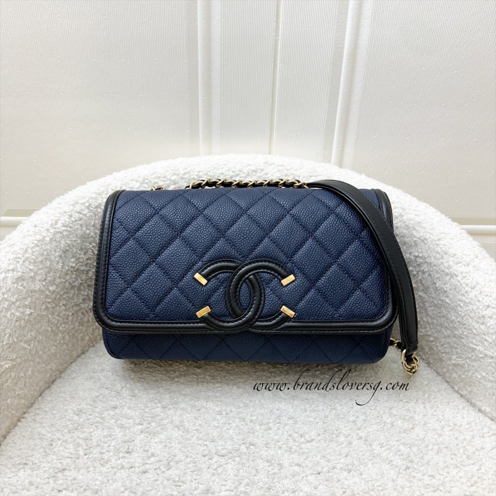 Chanel Filigree Small Flap in Navy Caviar with Black Trim and Aghw ( ) Handbag