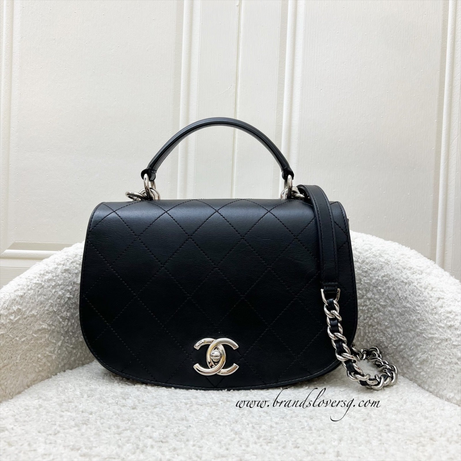 Chanel Seasonal Medium Top Handle Full Flap Bag With Chain Strap In Black Calfskin And Shw