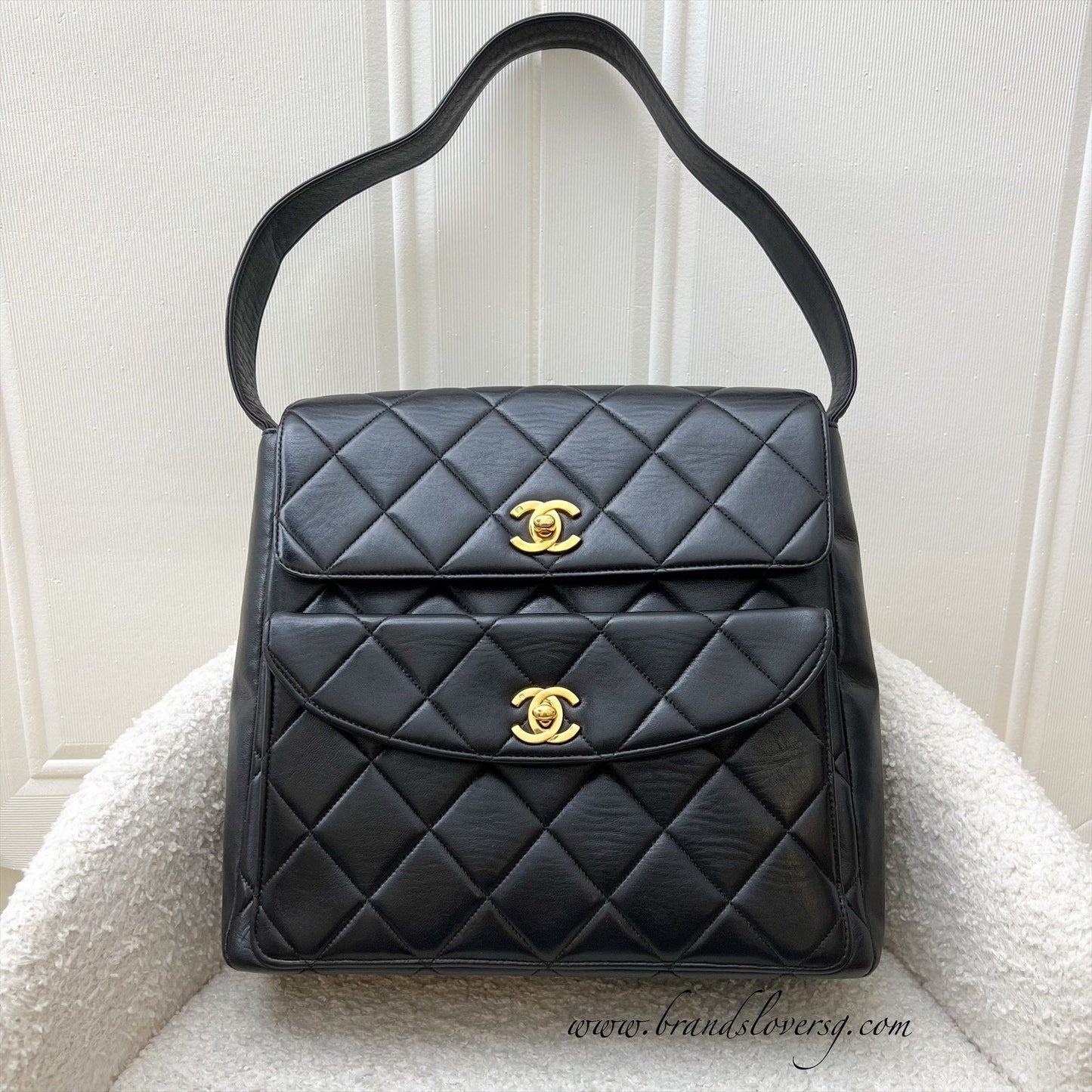 Chanel   Double Pocket Shoulder Bag in Black Lambskin and 24K GHW