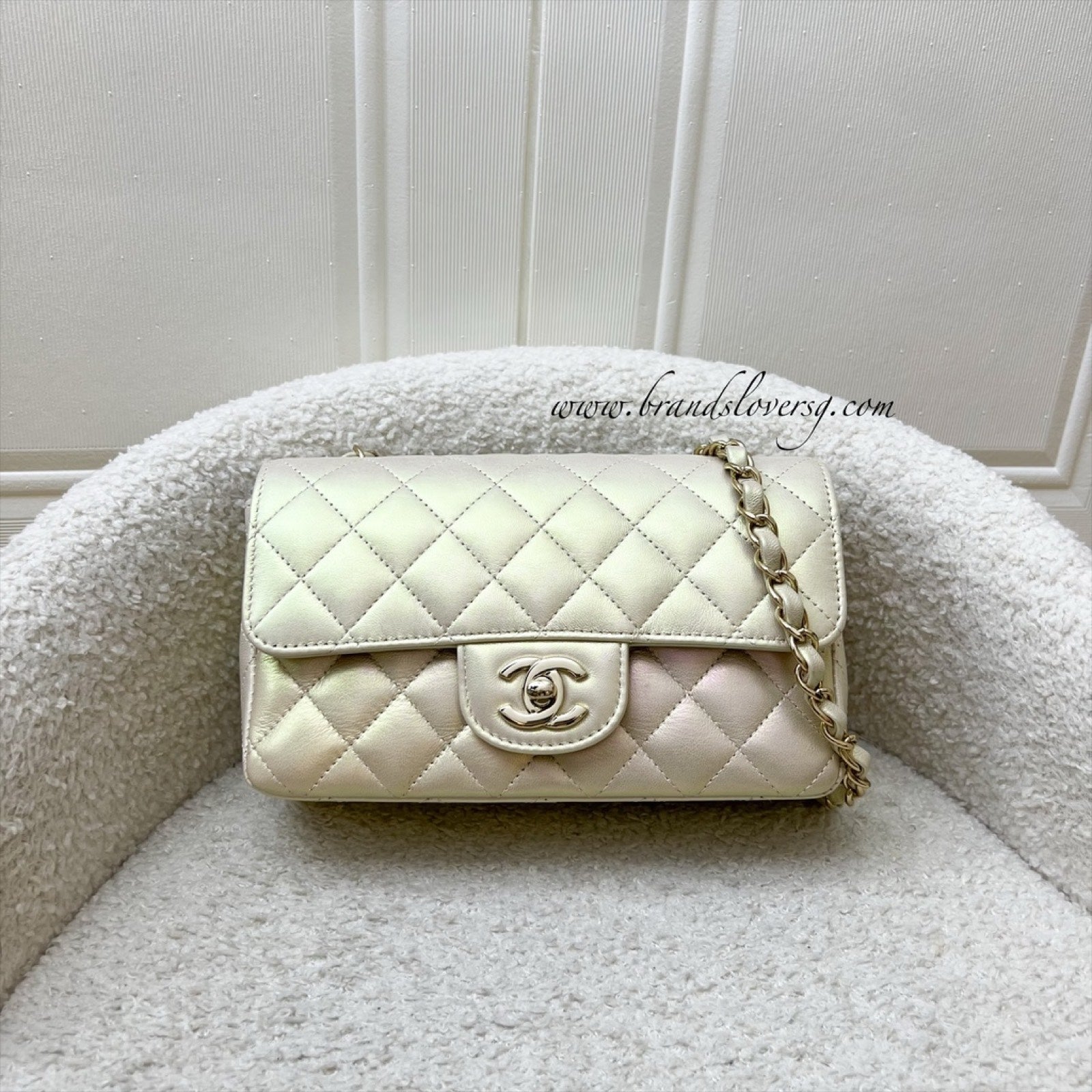 Chanel Classic Mini Rectangle Flap in 20B Iridescent Ivory Lambskin and Lghw Handbag