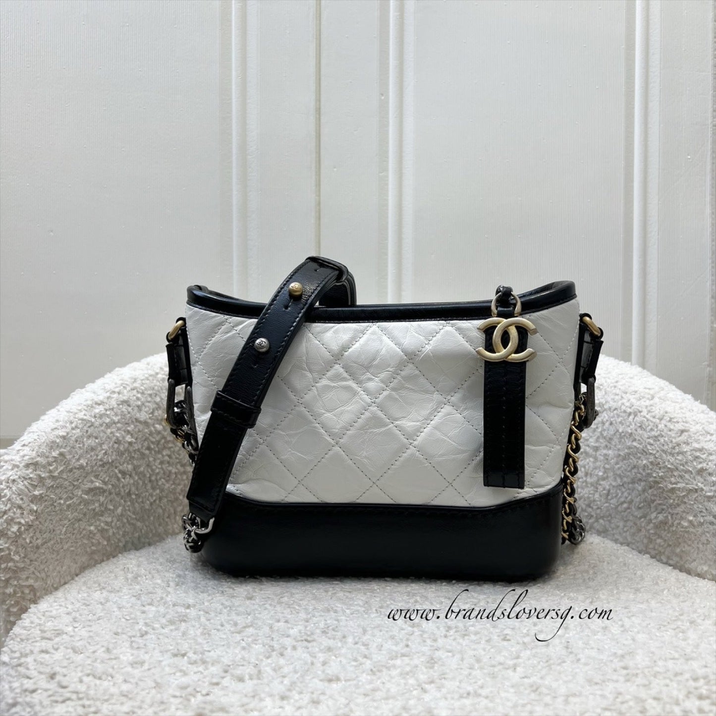 Chanel Small Gabrielle Hobo In White Distressed Calfskin, Black Base And 3 Tone Hw