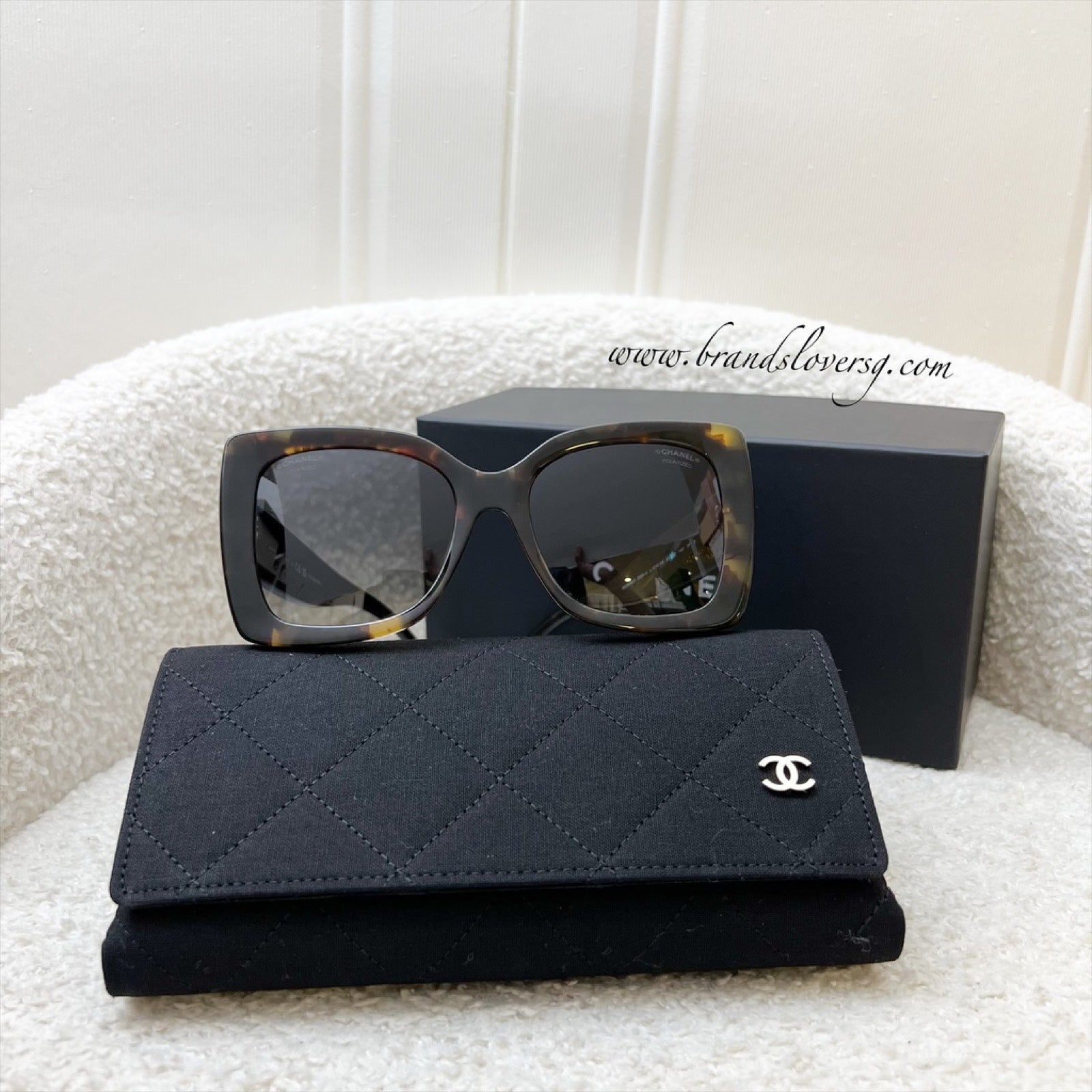 Chanel Logo Sunglasses In Brown Tortoise Shell Patterned Acetate With Grey Gradient Lenses Bag