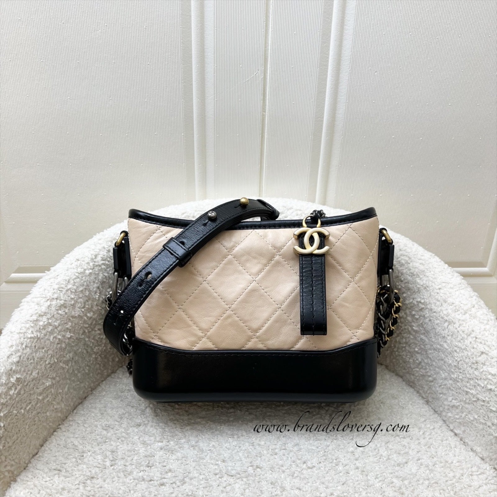 Chanel Small Gabrielle Hobo In Beige Distressed Calfskin, Black Base And 3 Tone Hw