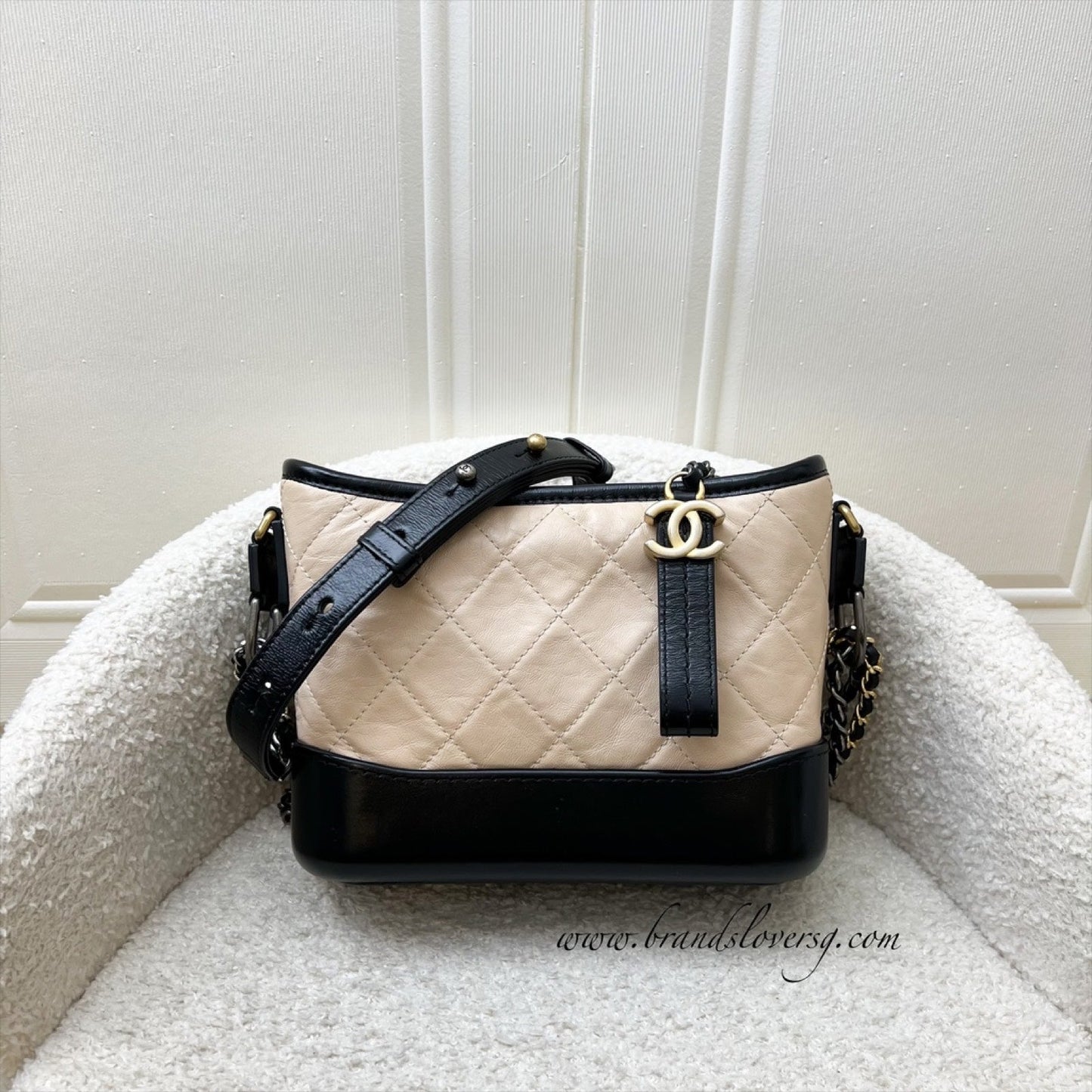 Chanel Small Gabrielle Hobo in Beige Distressed Calfskin, Black Base and 3 Tone HW