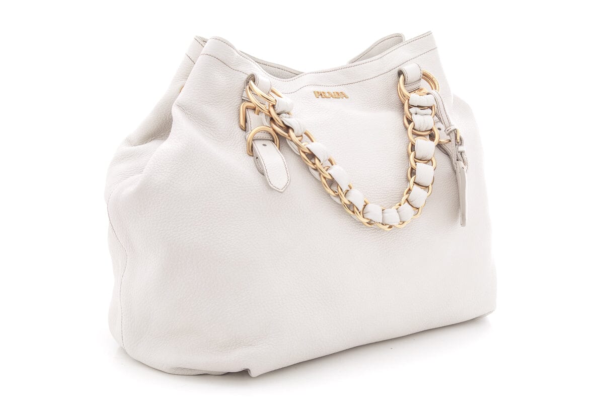 Prada Ivory Hobo Handbag Leather Gold Chain Shoulder Bag