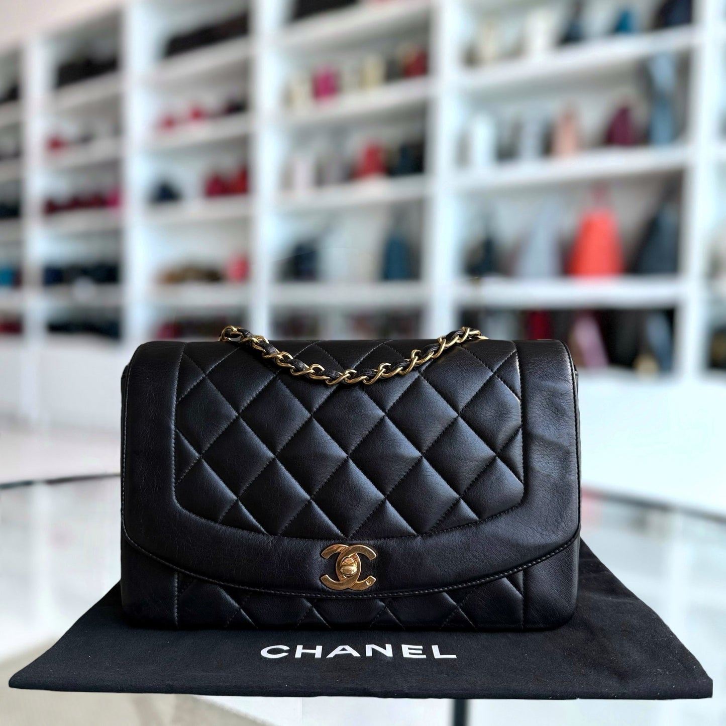 Chanel Diana   - 25CM Quilted Lambskin Black Gold Hardware Series 2