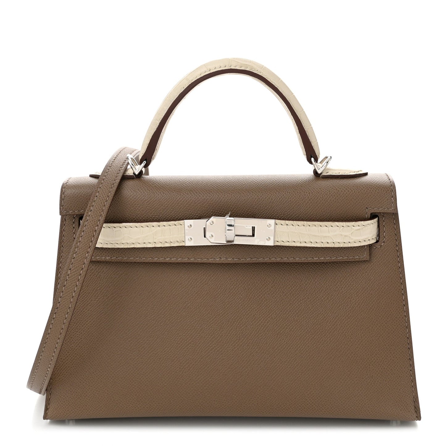 Hermes Madame Calfskin Matte Alligator Kelly Sellier Touch Etoupe Mini Travel Bag