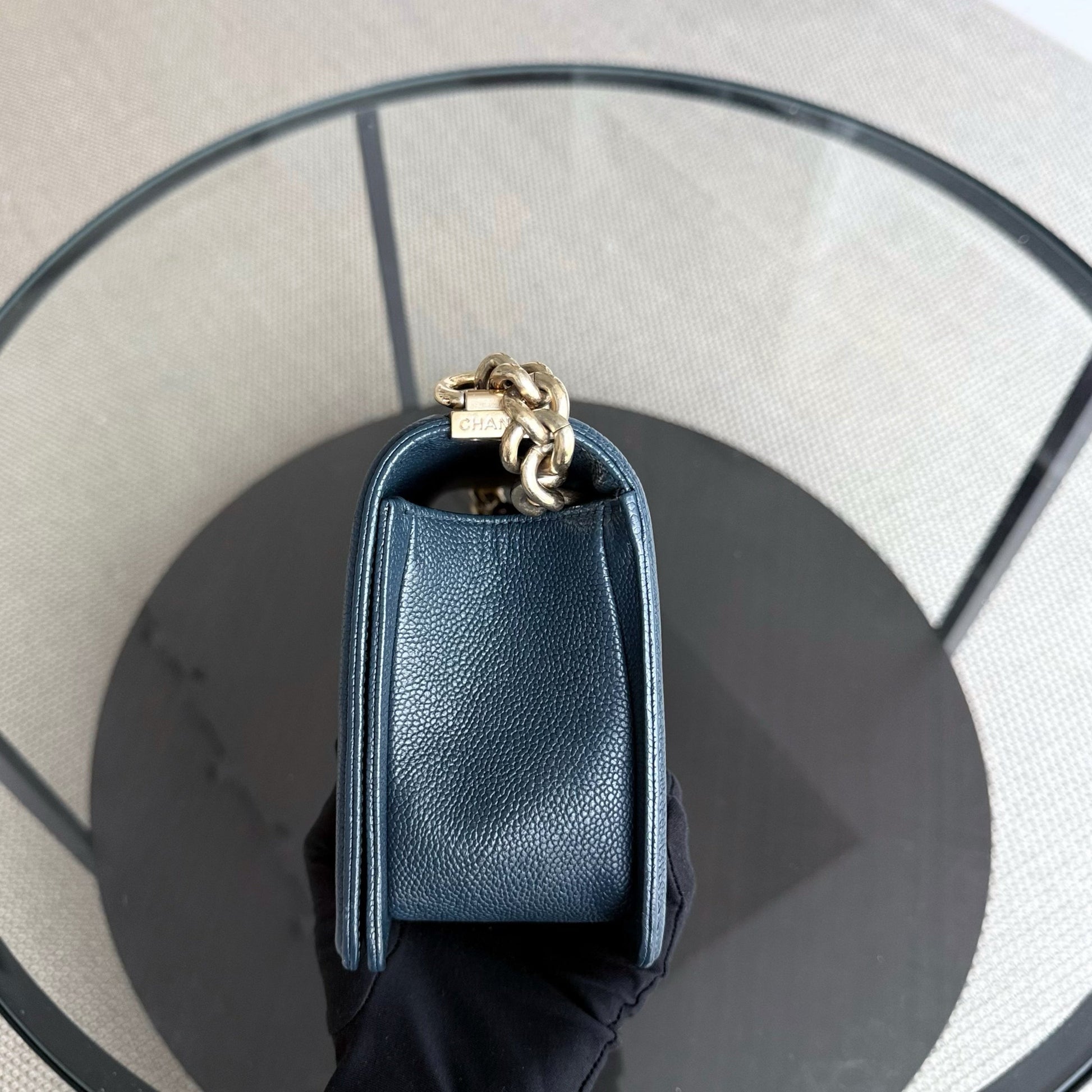 Chanel Boy Medium - Caviar 25CM Quilted Grained Calfskin Blue Gold Hardware Series 23