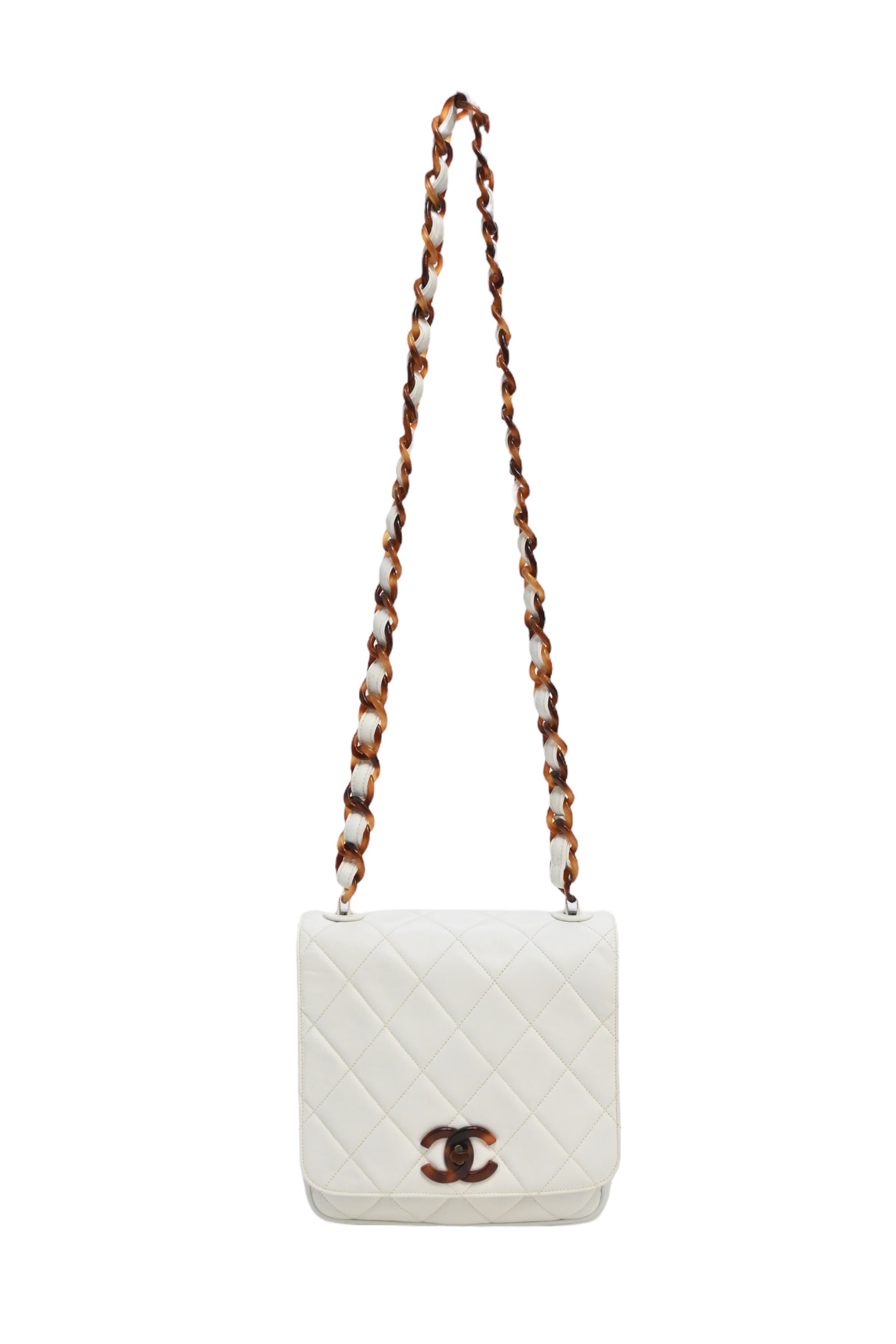 CHANEL White matelasse caviar leather 1994-1996 New crossbody bag with tortoiseshell hardware