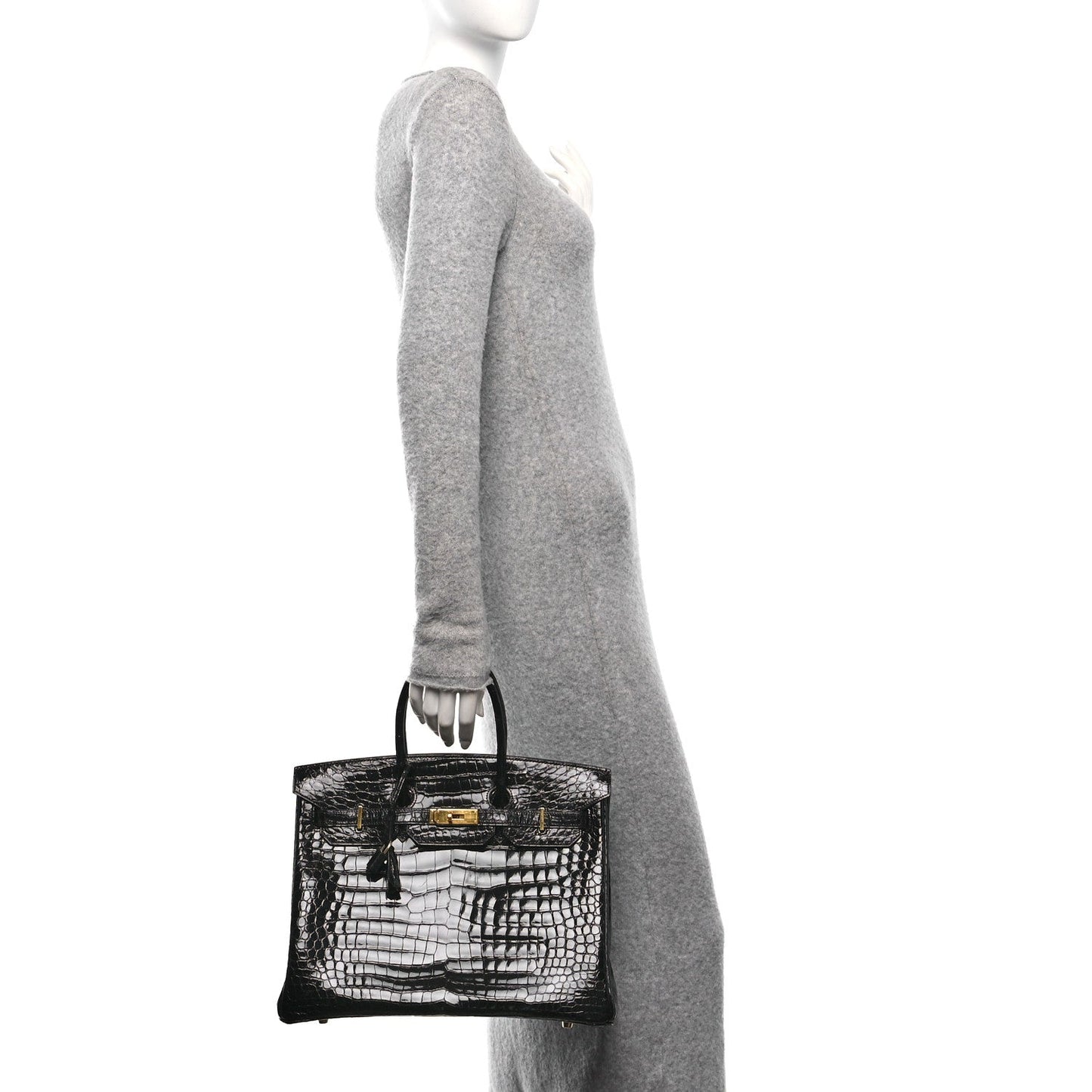 Hermes Shiny Porosus Crocodile Birkin Handbag Black Travel Bag 35 Black 1665761