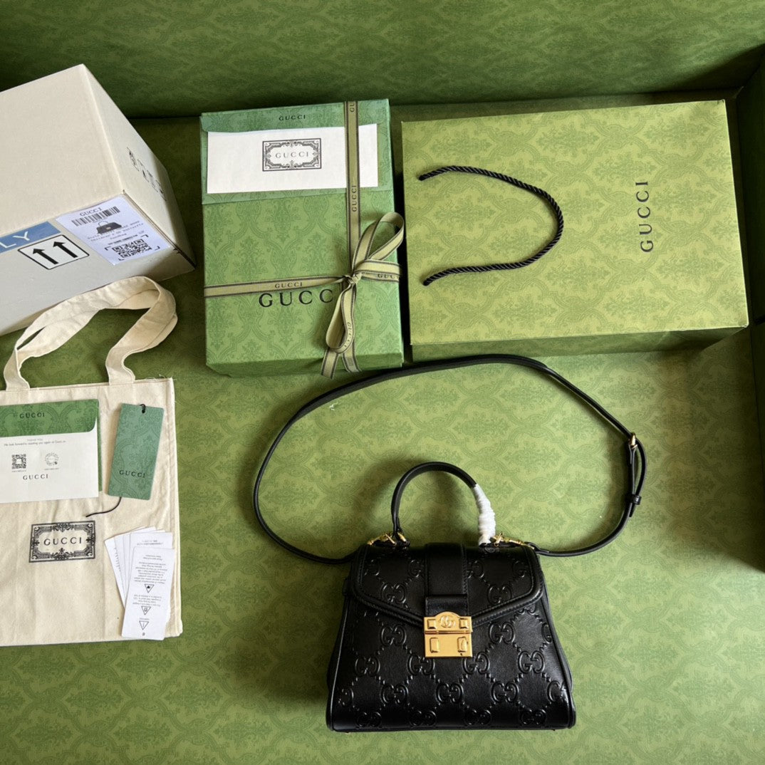 gg Debossed 11in 29cm Black Small Top Handle Handbag
