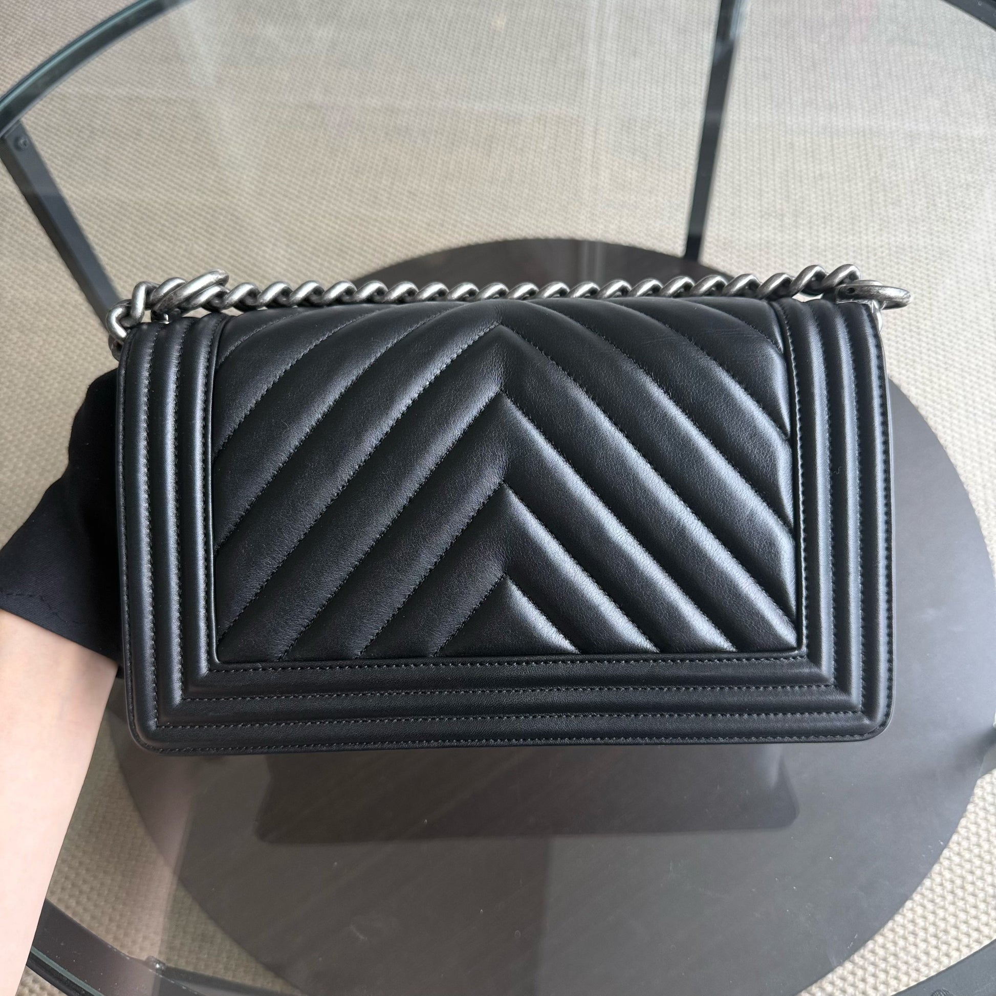 Chanel Boy Medium - 25CM Chevron Calfskin Black Ruthenium Silver Hardware Series 26