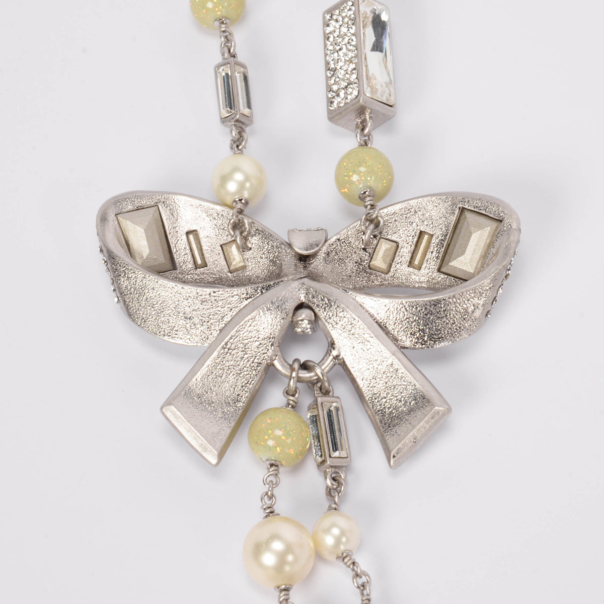 Chanel Silver Baguette Crystal & Pearl Bow Necklace