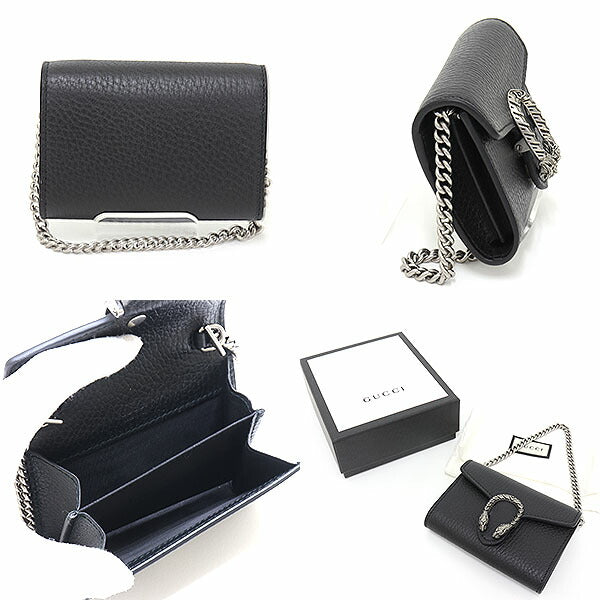 Gucci Coin palladium-tone hardware Dionysus coin Leather Black Chain Wallet Case