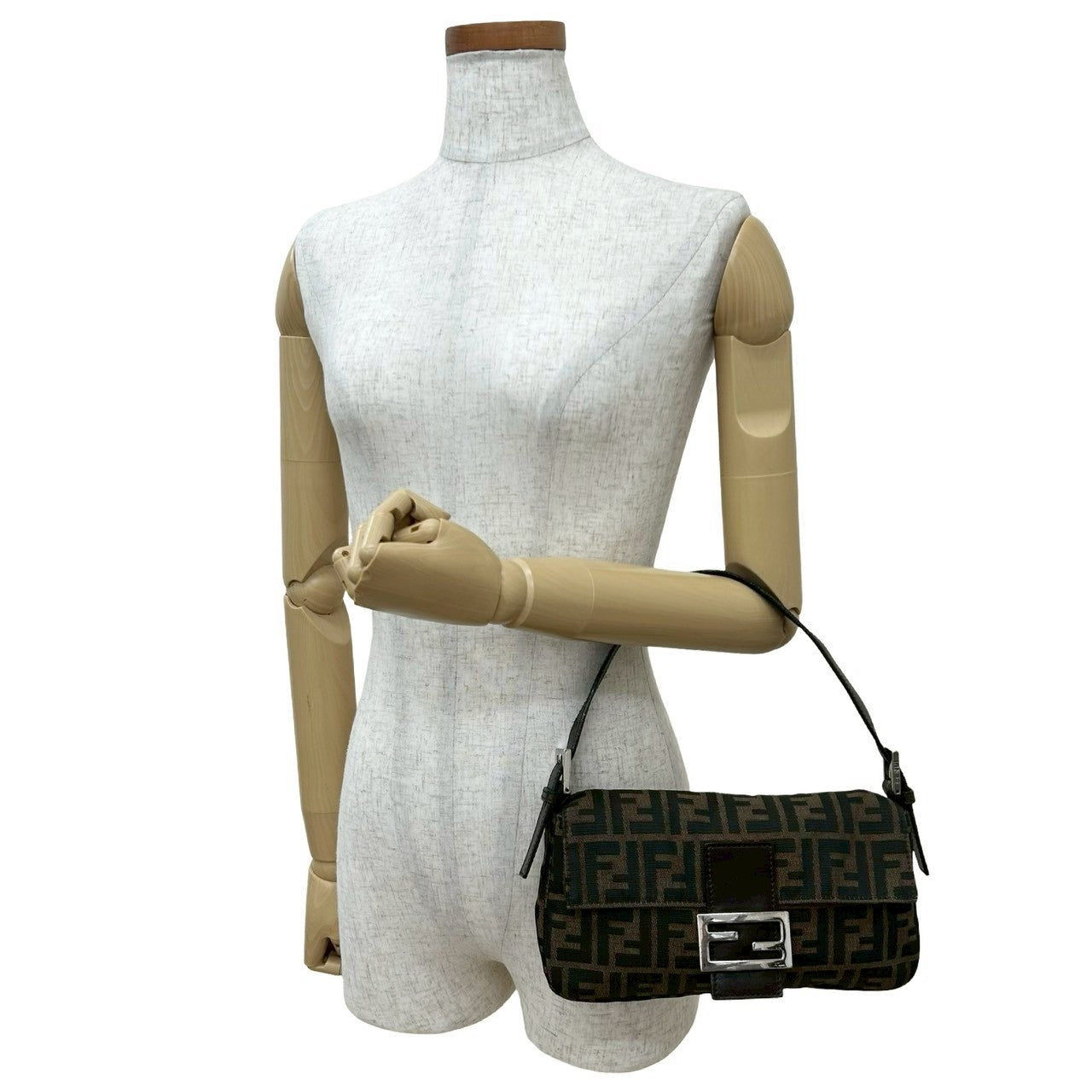 Fendi Mamma Baguette Handbag Leather Canvas Shoulder Bag