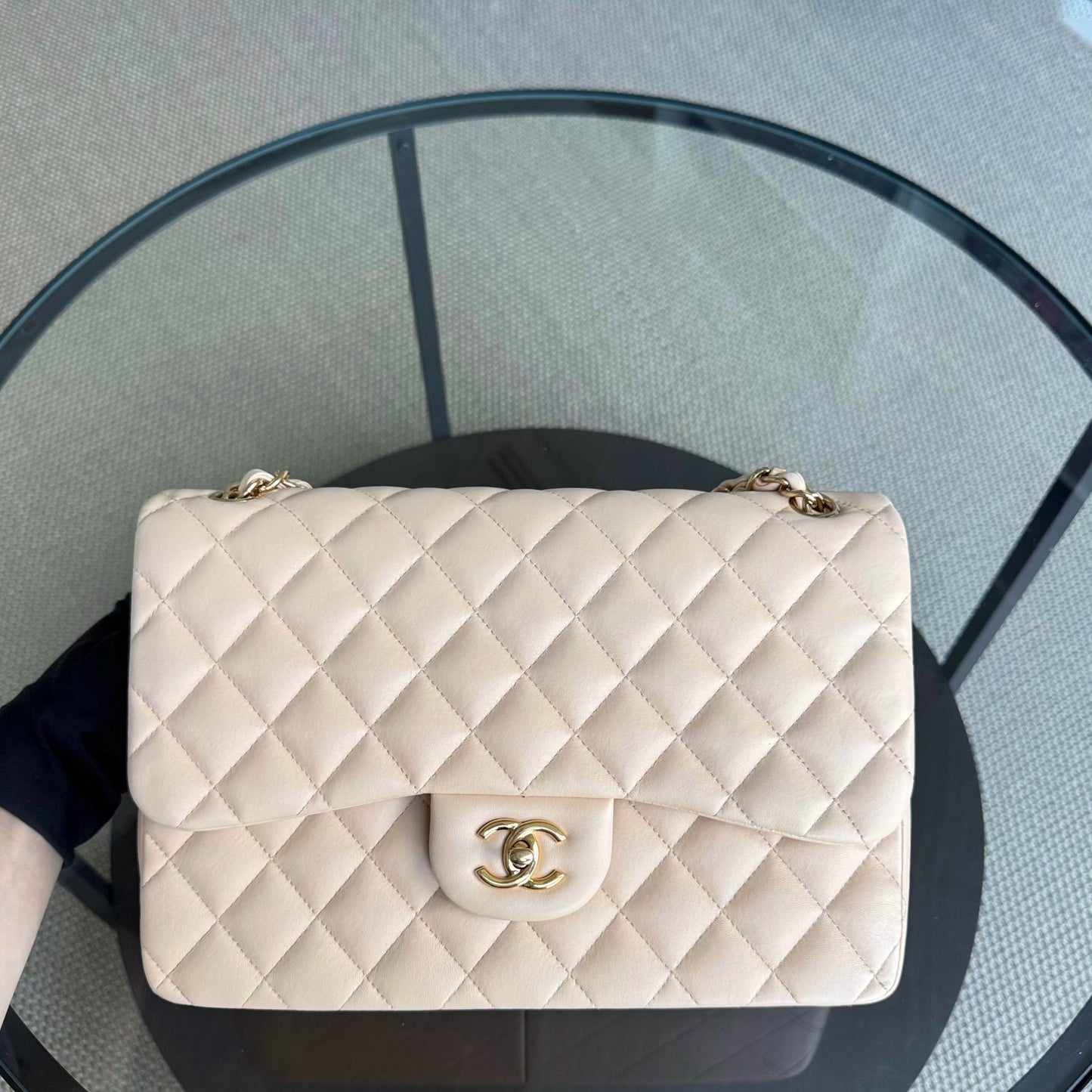 Chanel Classic Flap Jumbo - Double Flap 30CM Quilted Lambskin Beige Gold Hardware Series 19