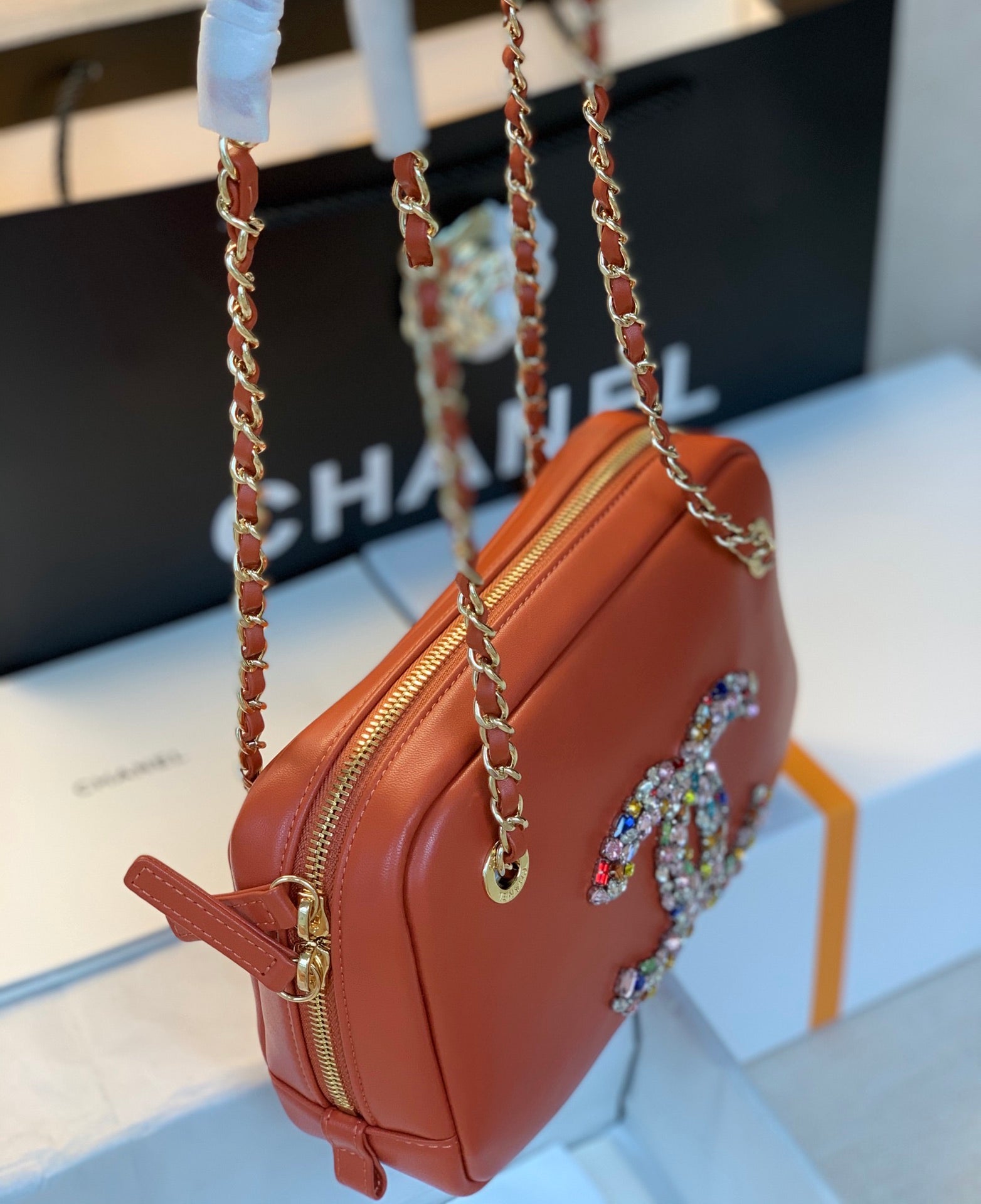 CHL Camera Cubic Diamonds 12.5cm Brown Handbag