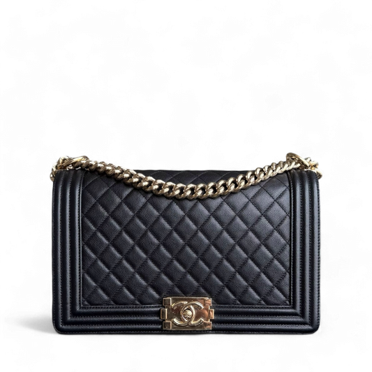 Chanel Boy New Medium - Caviar 28CM Quilted Black Gold Hardware Series 23