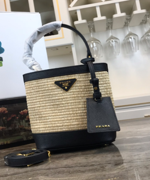 Prada Panier Straw Bag Black Medium Travel Bag