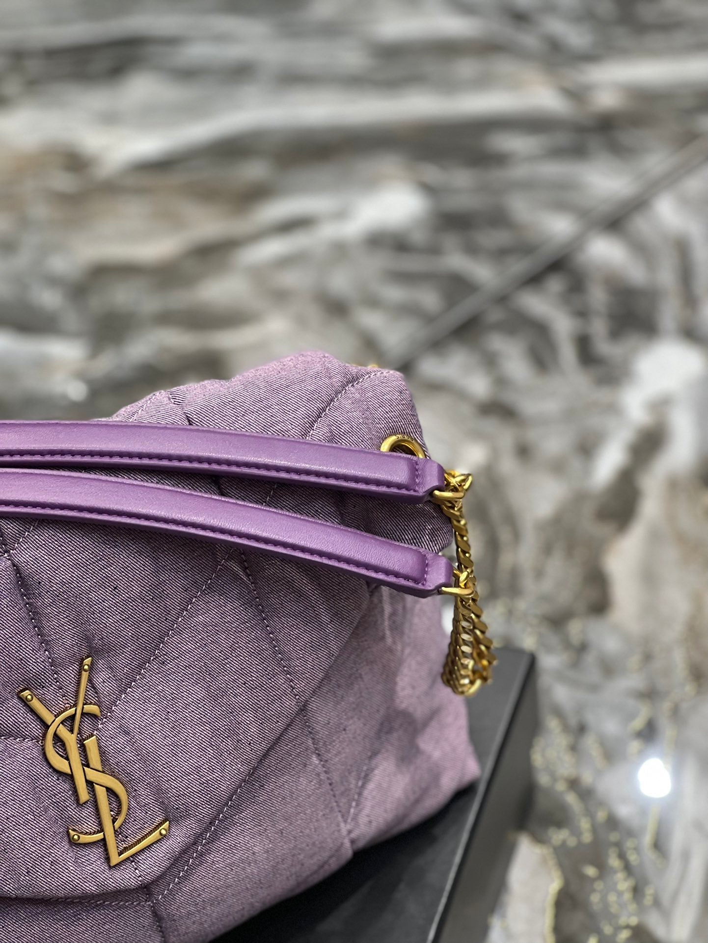 YSL Saint Laurent Puffer Blesched Lilac 13.8in 35cm Denim Medium Chain Travel Bag