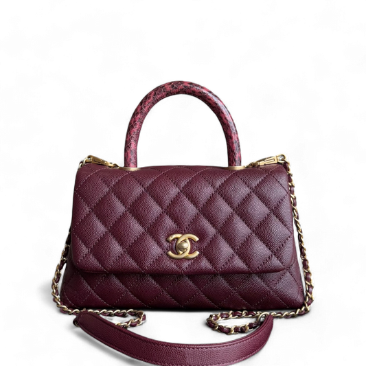 Chanel Coco Handle Small - Caviar Quilted Lizard Burgundy Dark Red Gold Hardware Series 26