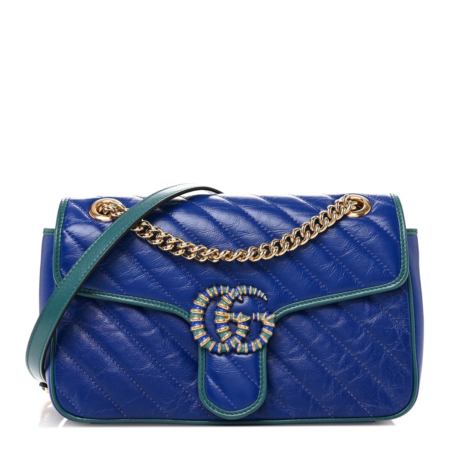 Gucci Azalea Calfskin Enamel Matelasse Diagonal Small Torchon GG Marmont Shoulder Bag Imperial Blue Pavone