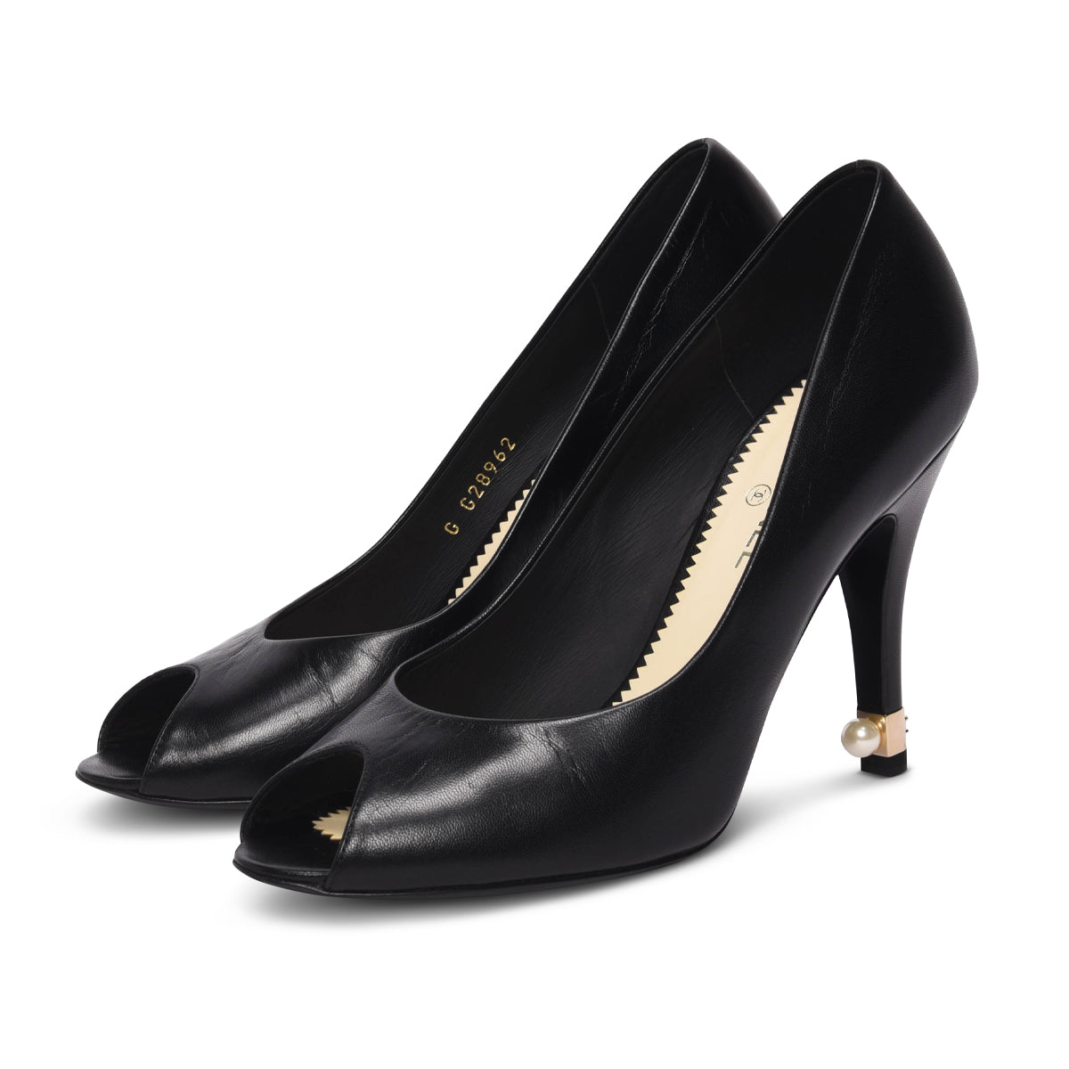 Chanel Black Lambskin Pearl Detail Peep Toe Pumps 37.5 Bag