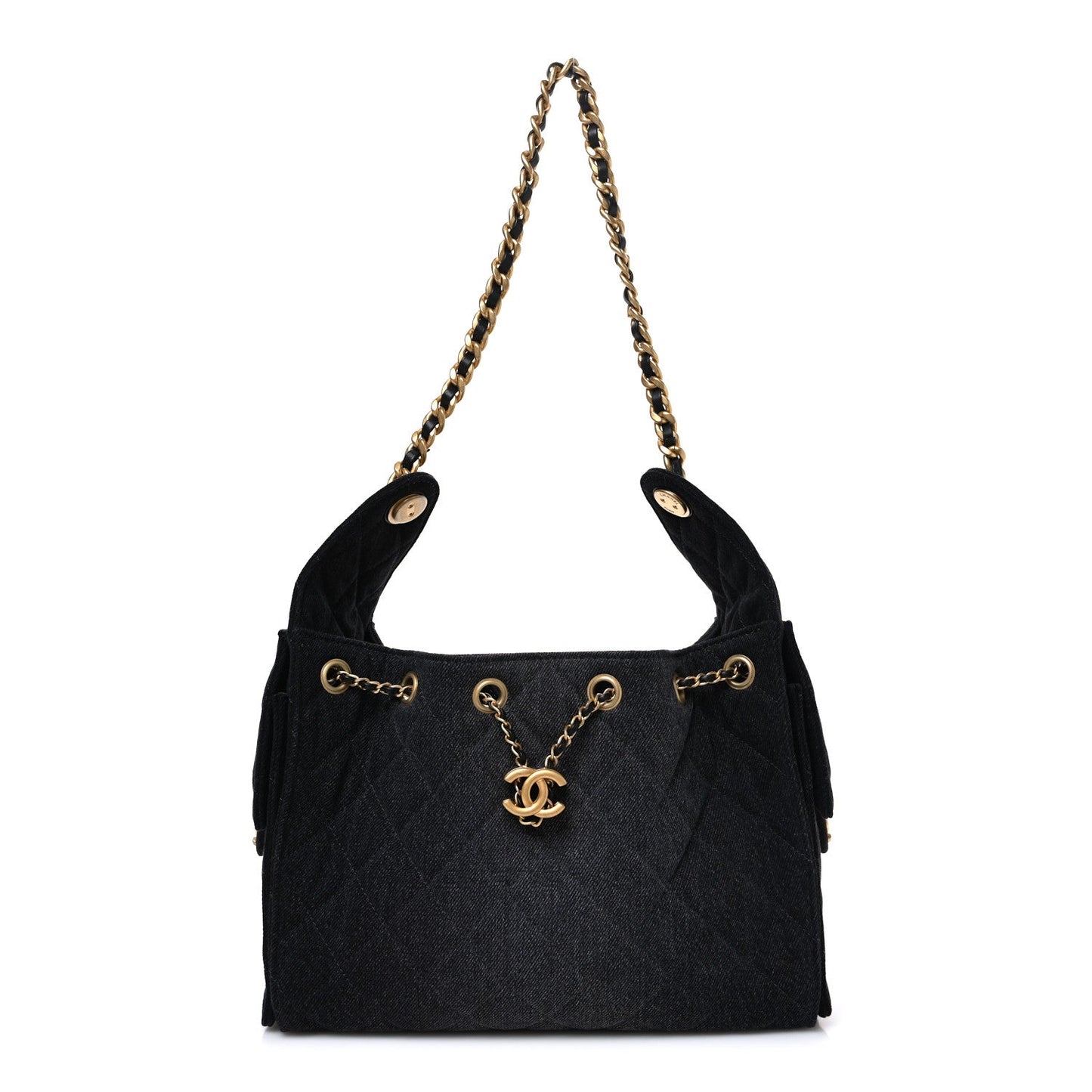 Washed Denim Quilted Small Chanel 25 Handbag Black