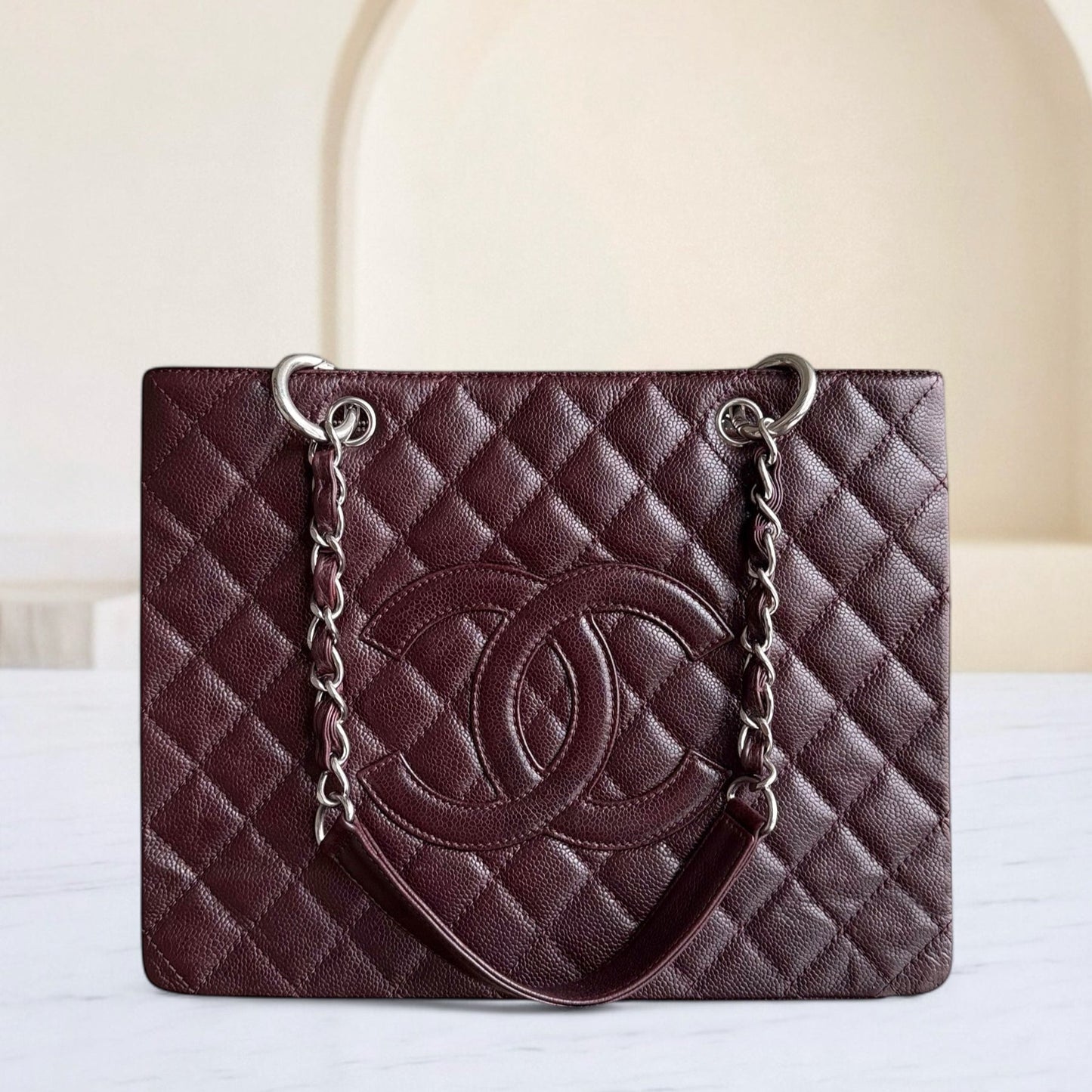 Chanel GST Grand Shopping Tote  - Caviar Quilted Burgundy Grained Calfskin Silver Hardware Series 11