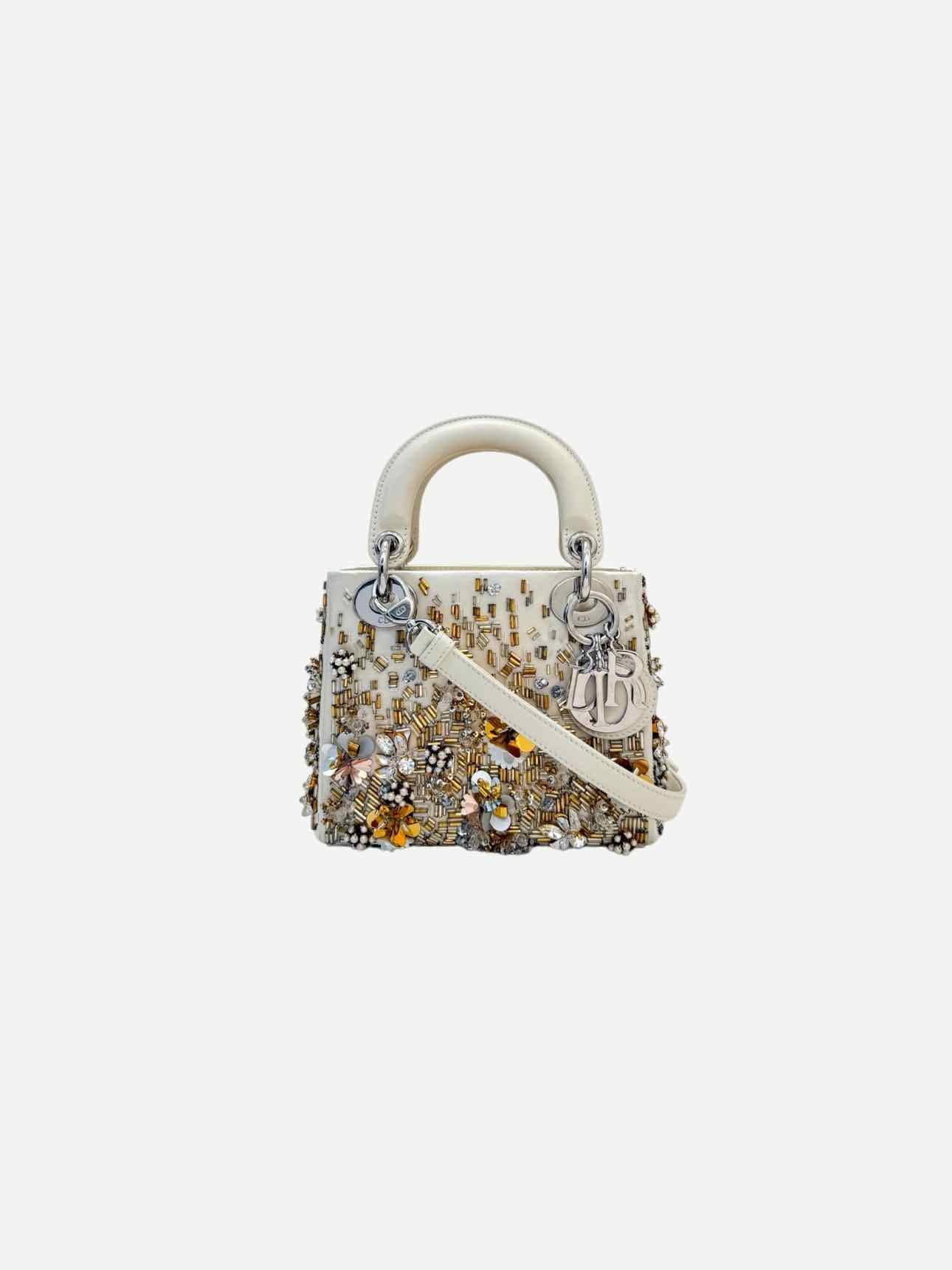Dior Handbag Lady Top Handle Leather Satin White Mini Bag