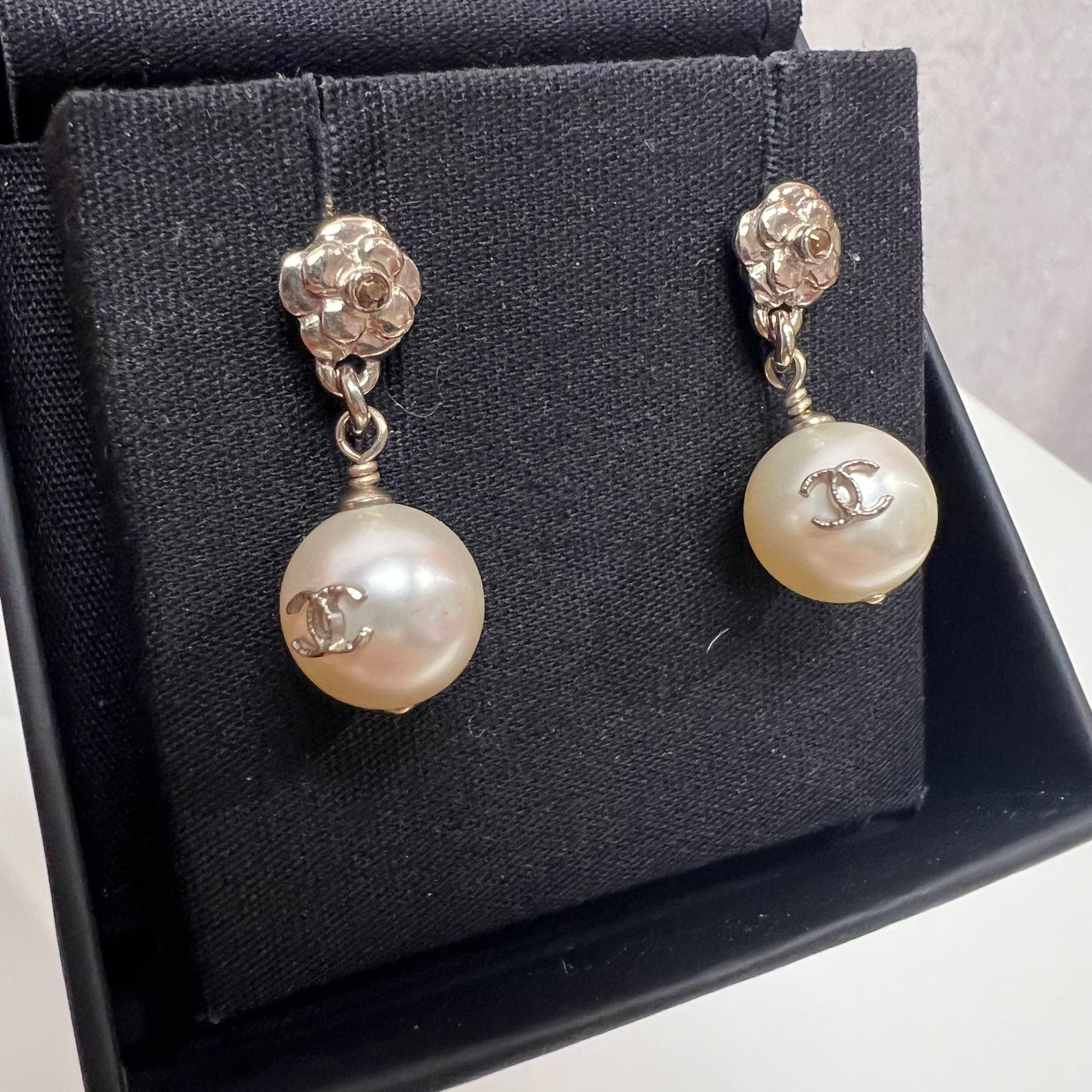CHANEL Pearl CC Camellia Dangle Earrings Gold