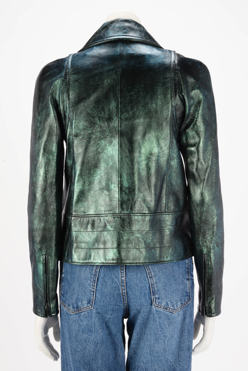 Chanel Green Iridescent Lambskin Biker Jacket Fr 34