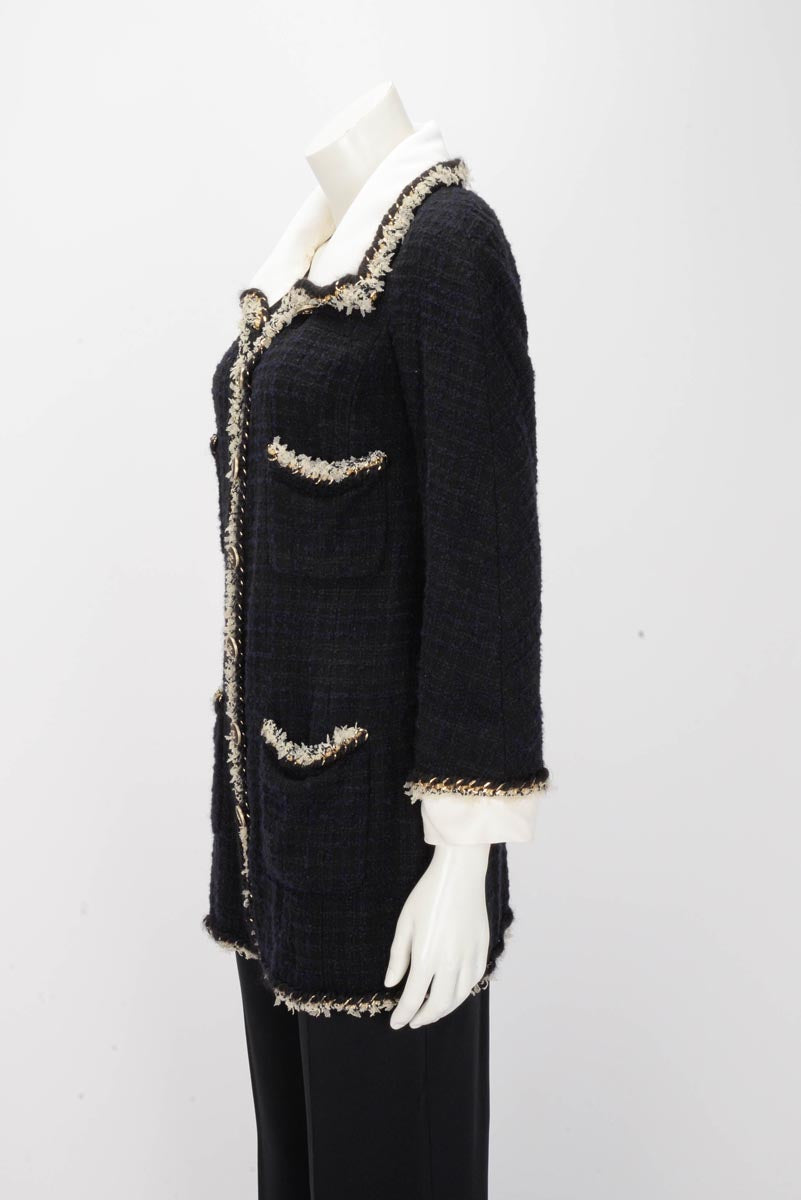 Chanel Black & Navy Boucle Braided Trim Coat FR 36