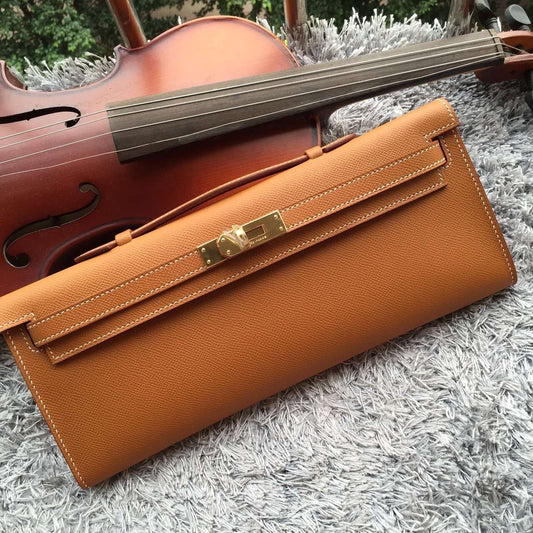 Hermes Luxury Handcrafted Kelly Cut Clutch Handbag Brown Clutch Bag
