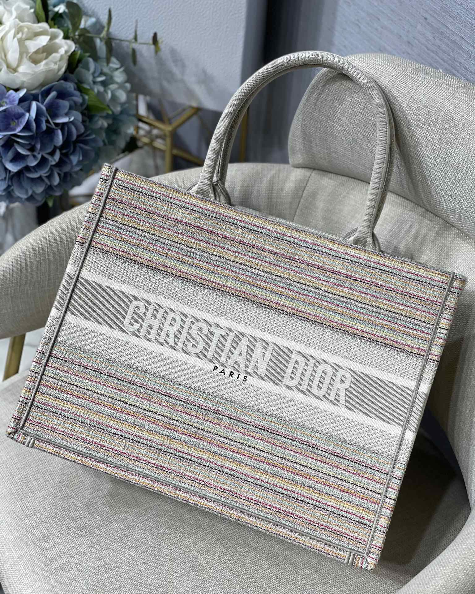 Book Stripes Embroidery Cd Canvas Large Book Tote Bag