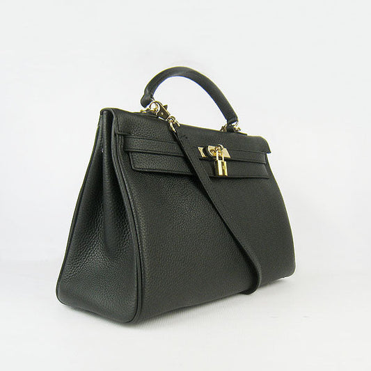Hermes Luxury Kelly Cm Togo Handbag Golden Leather Black Travel Bag