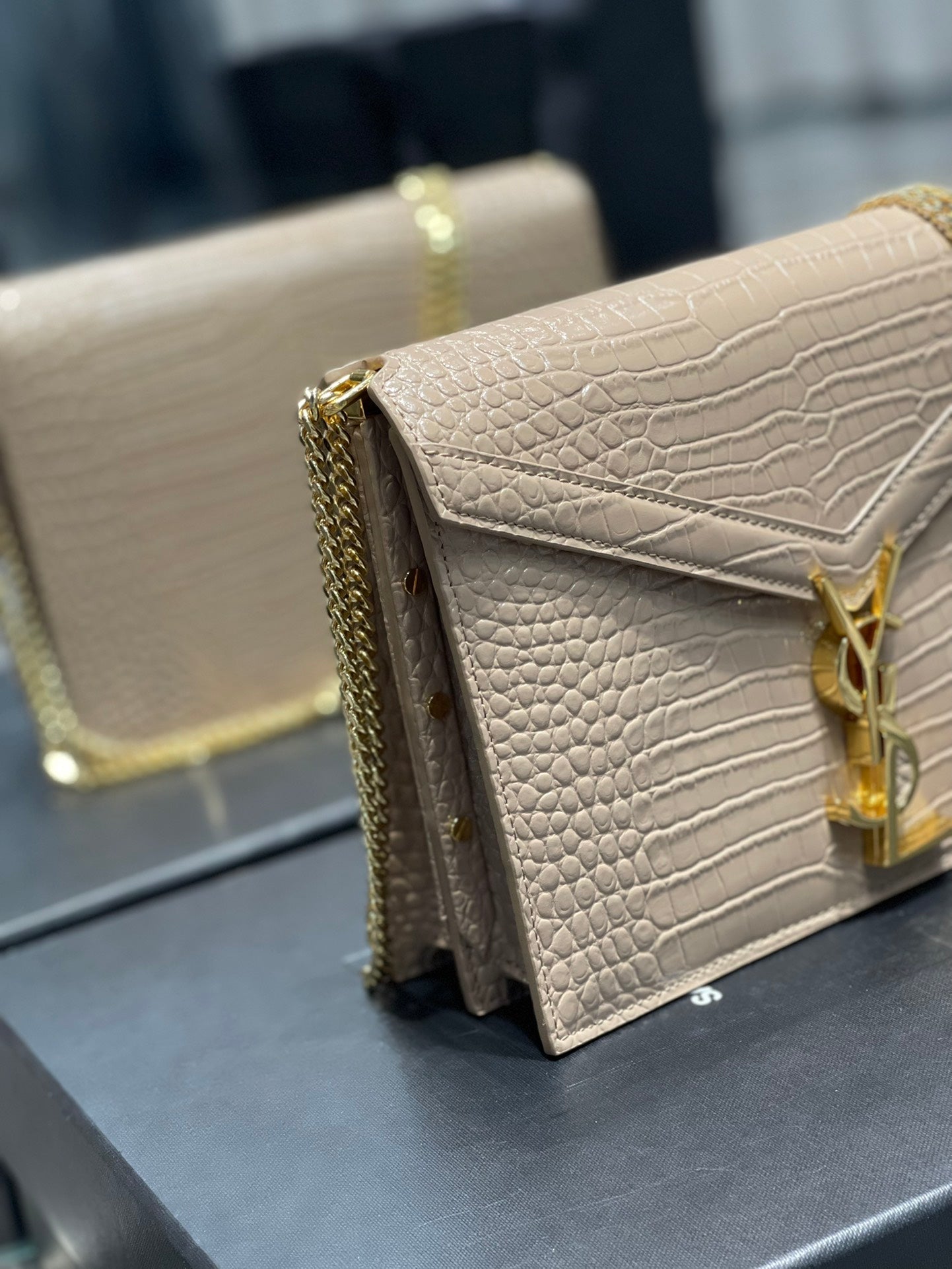 YSL Saint Laurent Cassandra Dark Embossed 8in 22cm Grain De Poudre Beige Medium Chain Handbag