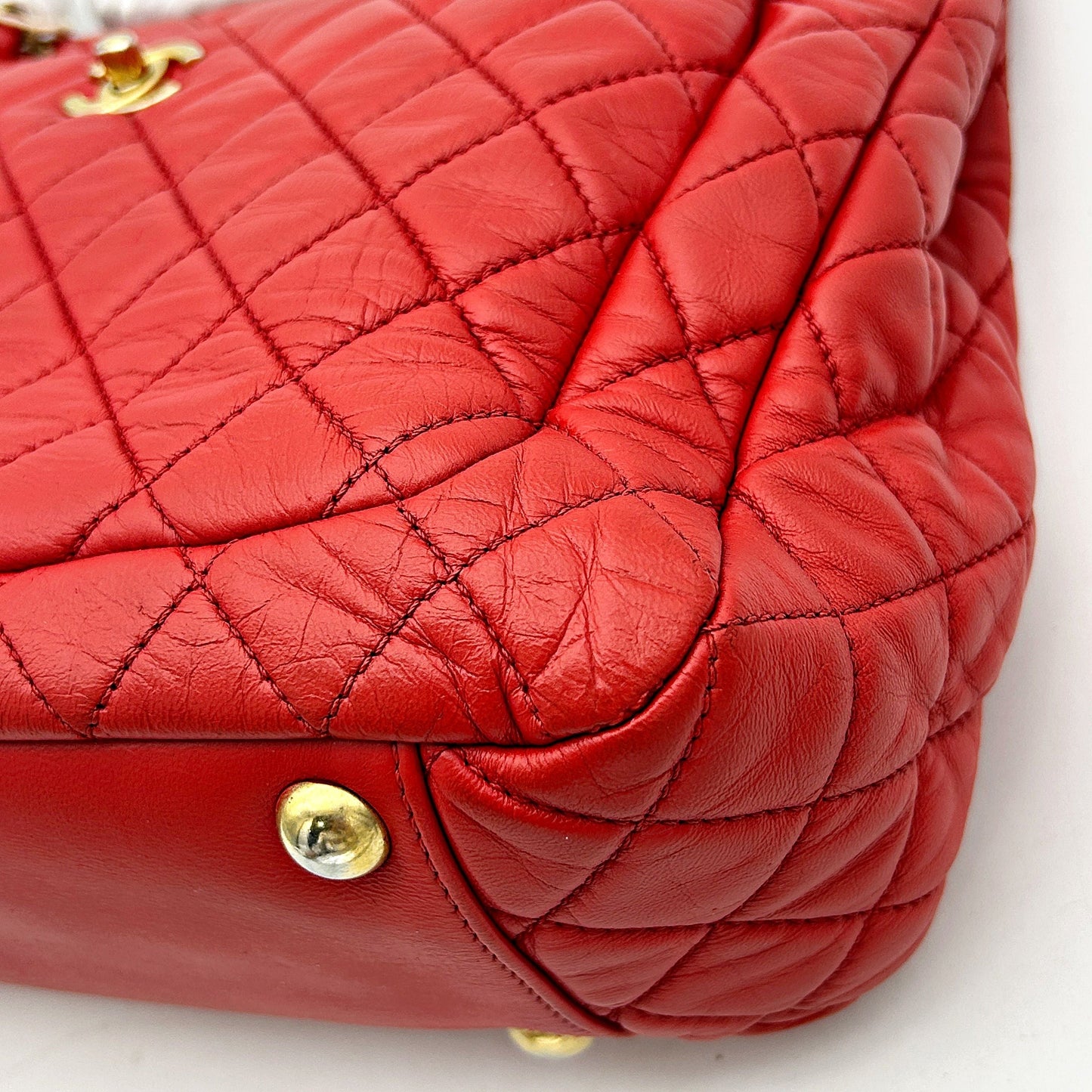 Chanel Red Quilted Lambskin Leather Shopping Tote Bag CN