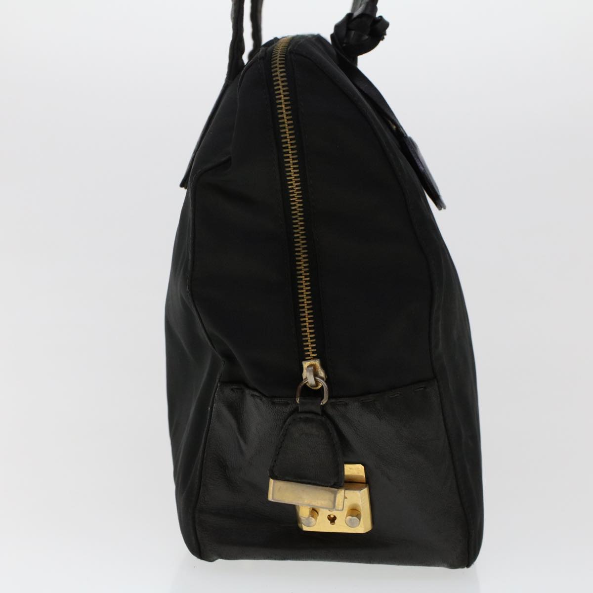 Prada Hand Bag Leather Nylon Black Travel Bag Leather Black Fm2536