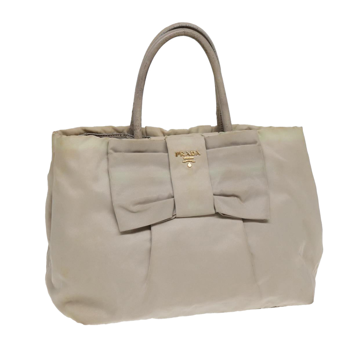 Prada Hand Bag Auth Nylon Beige Gold Travel Bag Gold Auth Fm3691