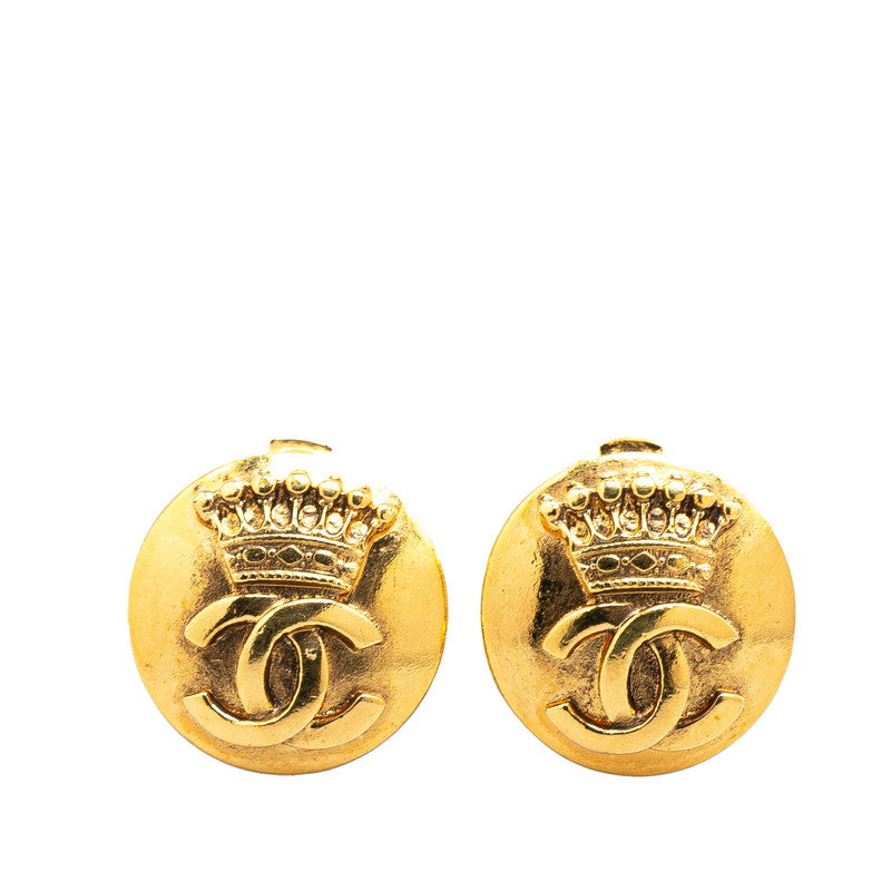 Chanel Gold Plated Coco Mark Crown Round Earrings 96A Bag