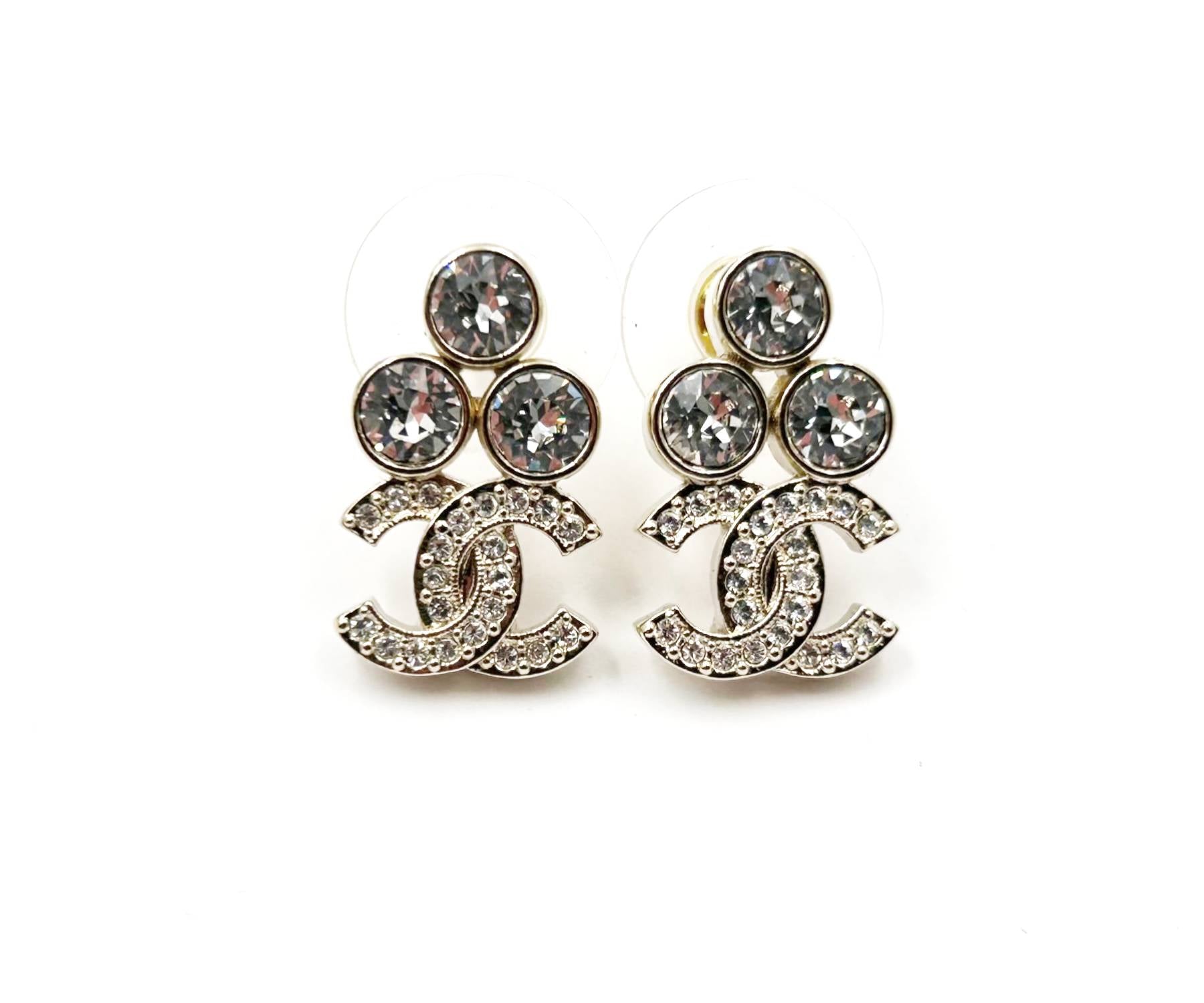 Chanel Brand New Gold  Round Crystal CC Small Piercing Earrings