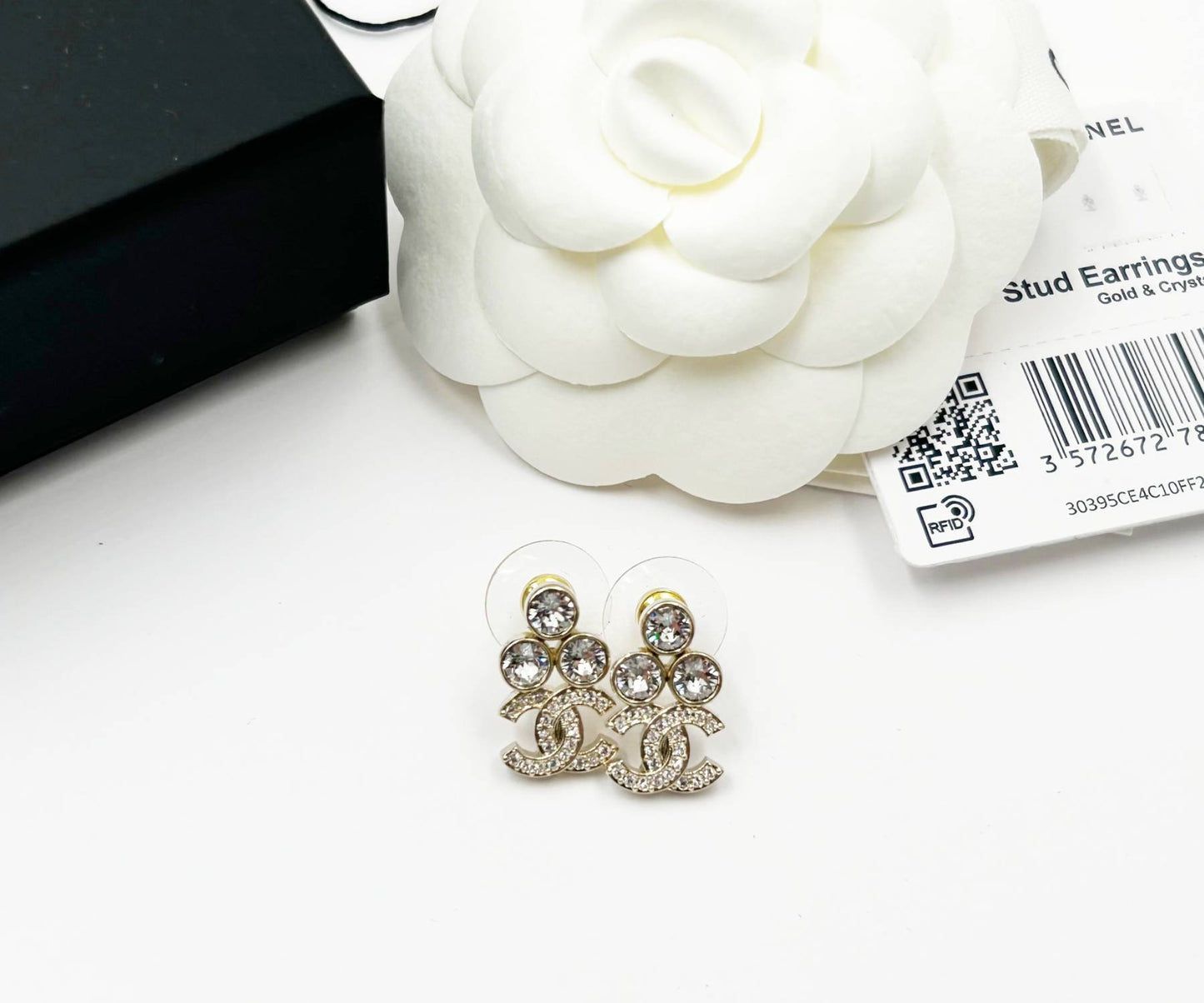 Chanel Brand New Gold  Round Crystal CC Small Piercing Earrings