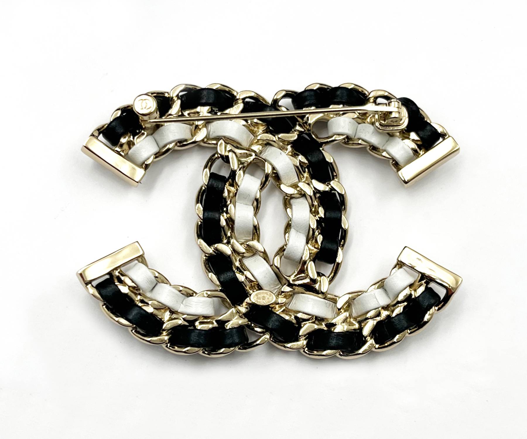Chanel Brand New Gold CC Black White Leather Chain Large Brooch