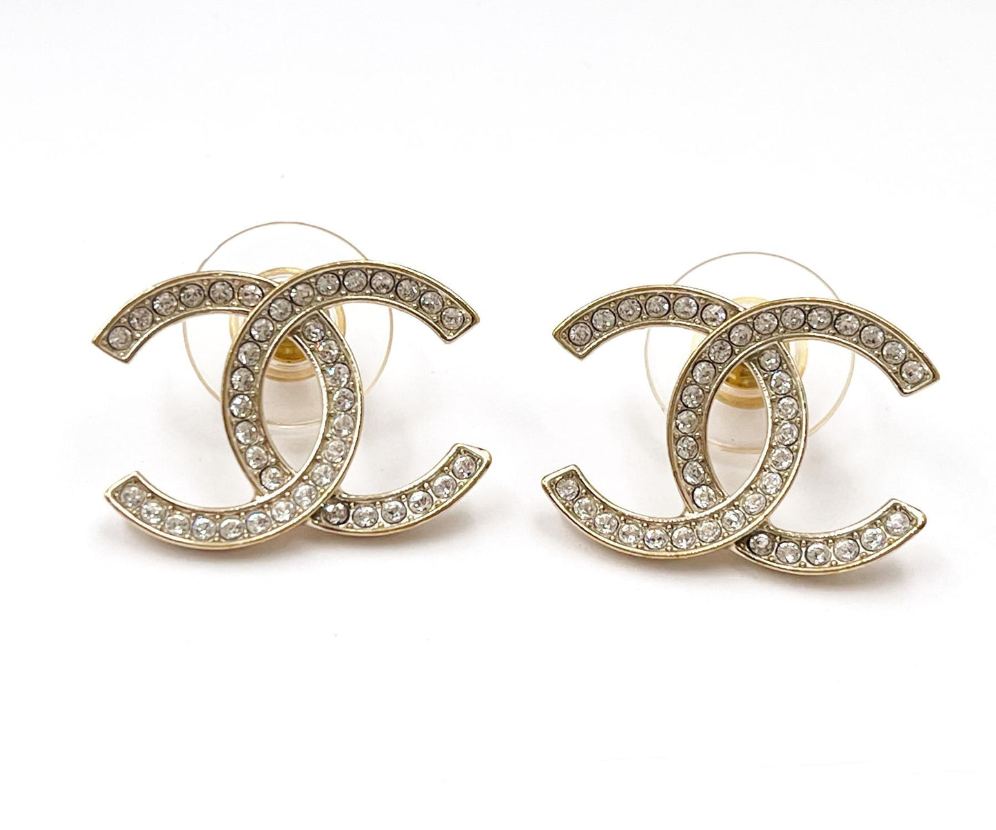Chanel Classic Gold CC Thin Crystal Large Piercing Earrings