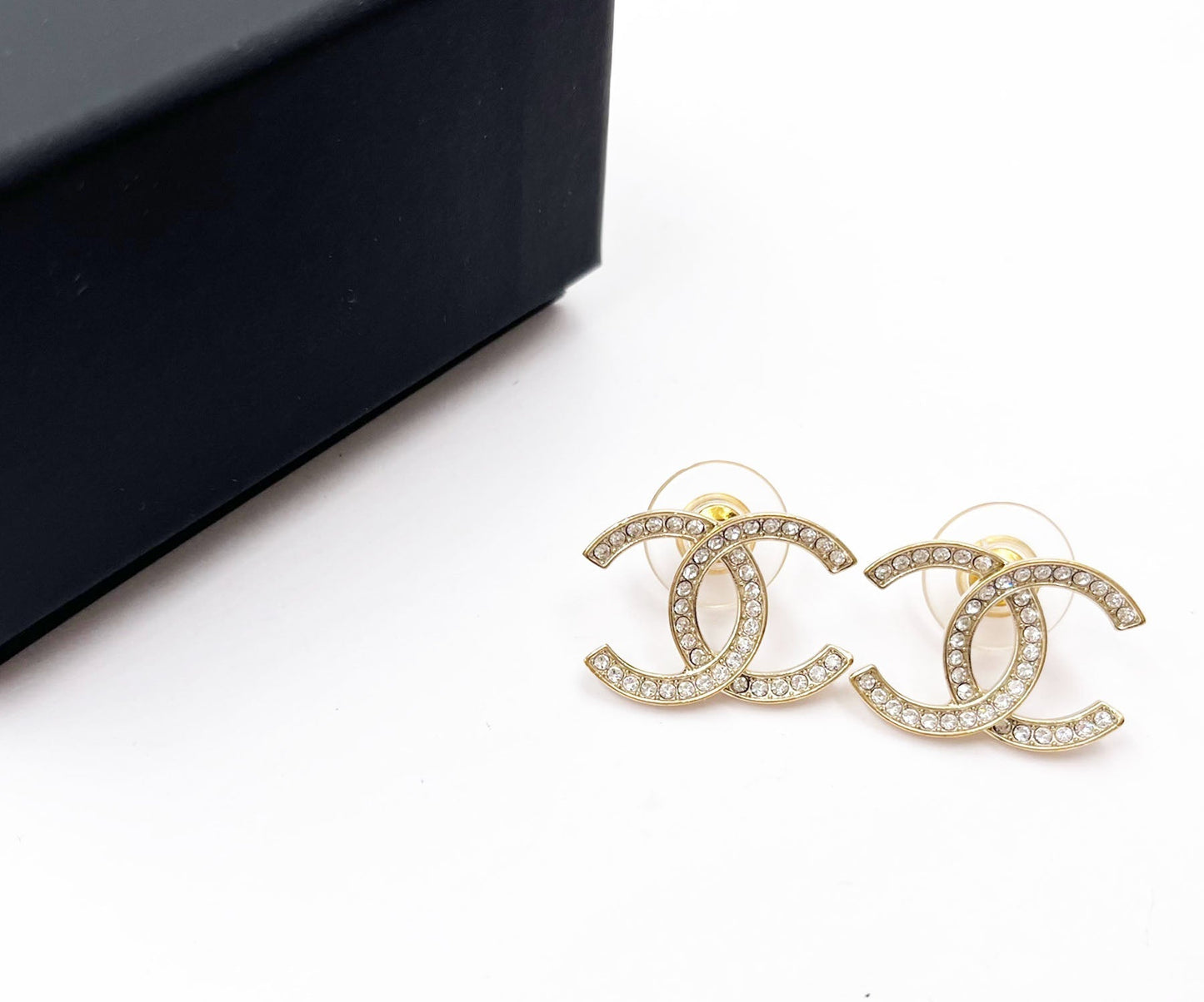 Chanel Classic Gold CC Thin Crystal Large Piercing Earrings