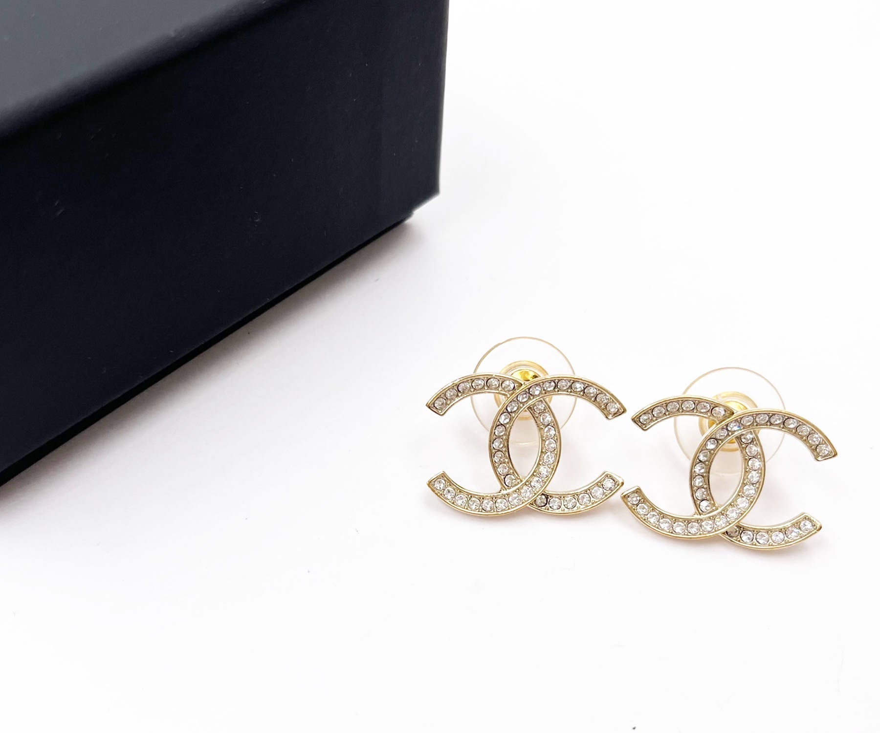 Chanel Classic Gold CC Thin Crystal Large Piercing Earrings