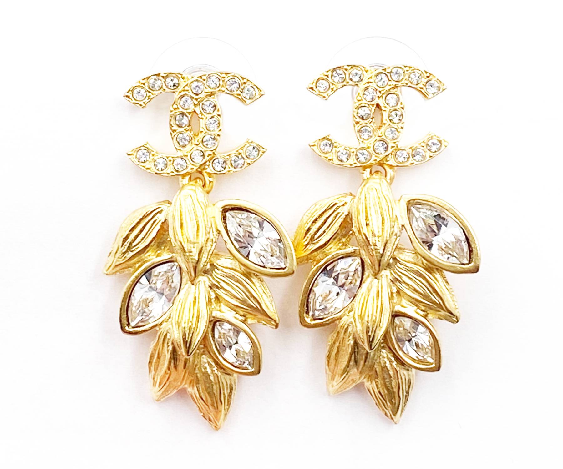Chanel Brand New Gold CC Crystal Olive Leaf Dangle Piercing Earrings