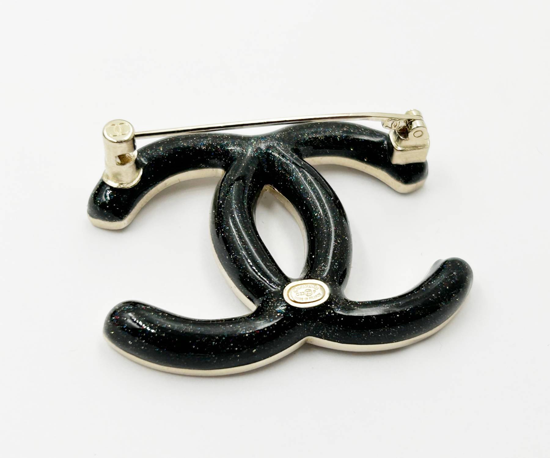 Chanel Brand New Silver Grey Ombre Black Curve Brooch