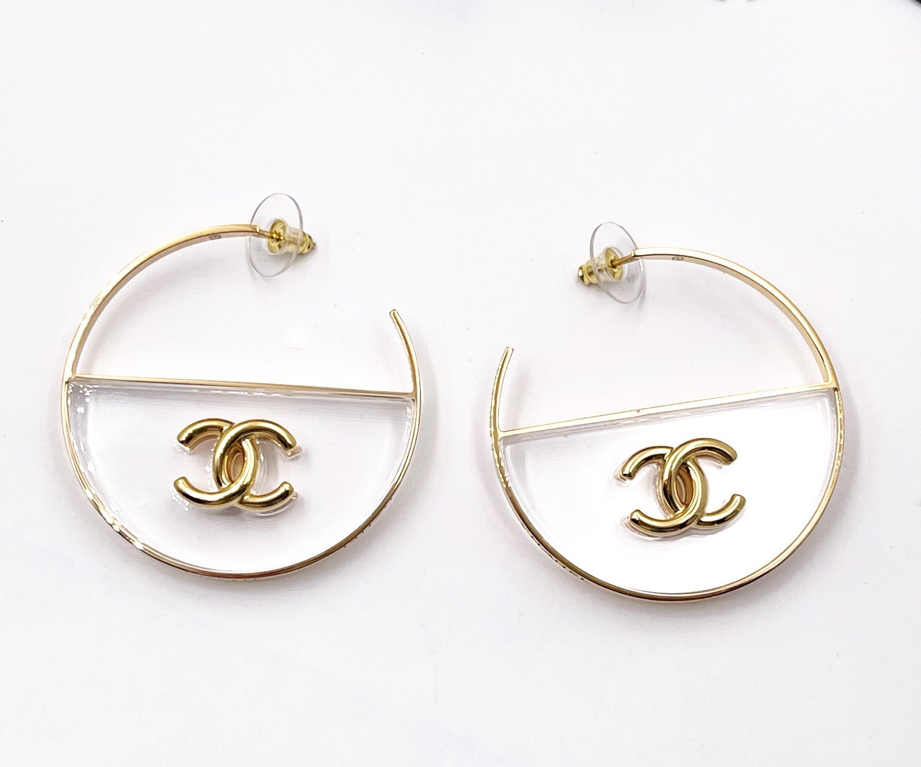 Chanel Brand New Gold CC Transparent Large Hoop Earrings
